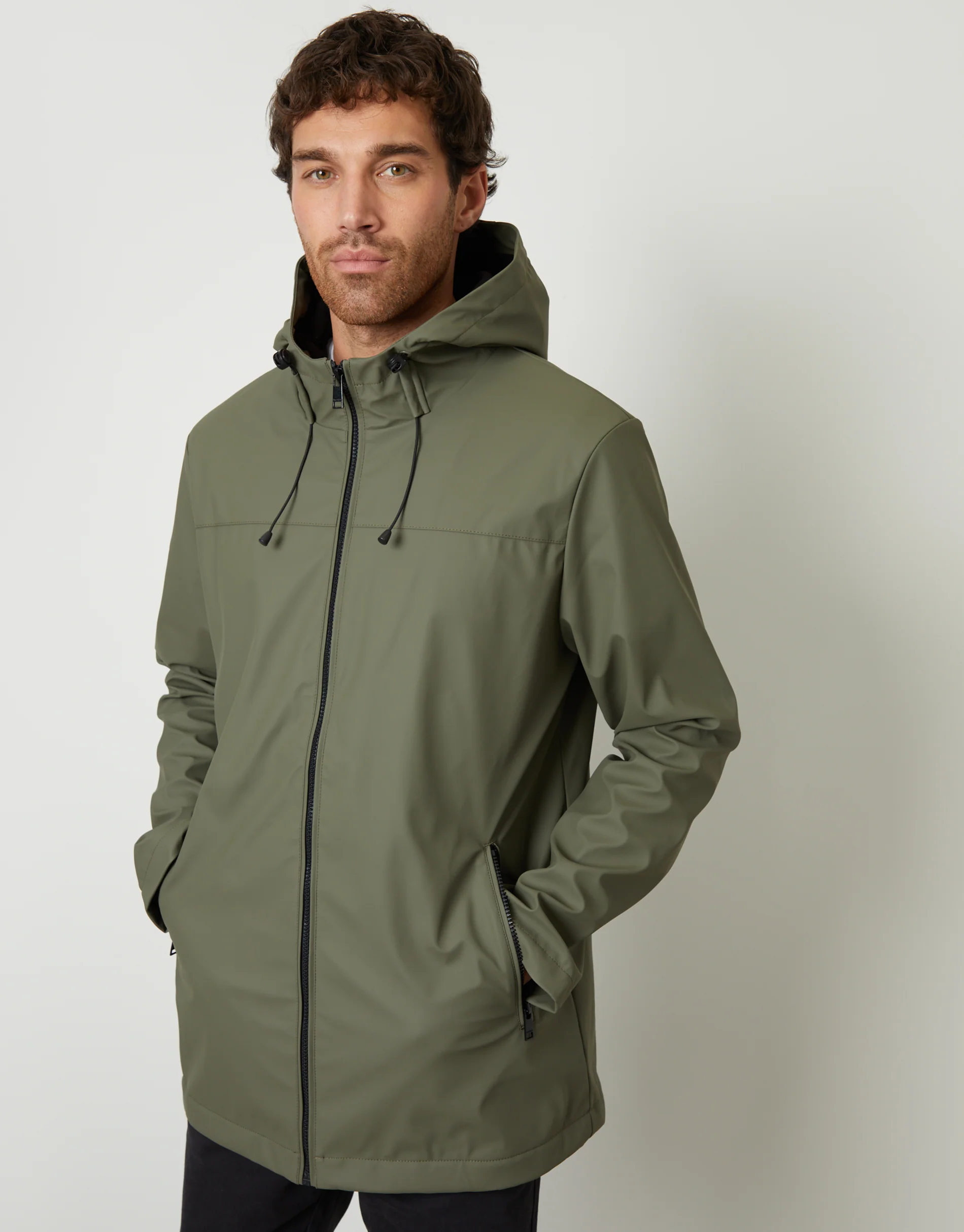 Microfleece Lined Hooded Rubberised Raincoat in Khaki Green - Image 5
