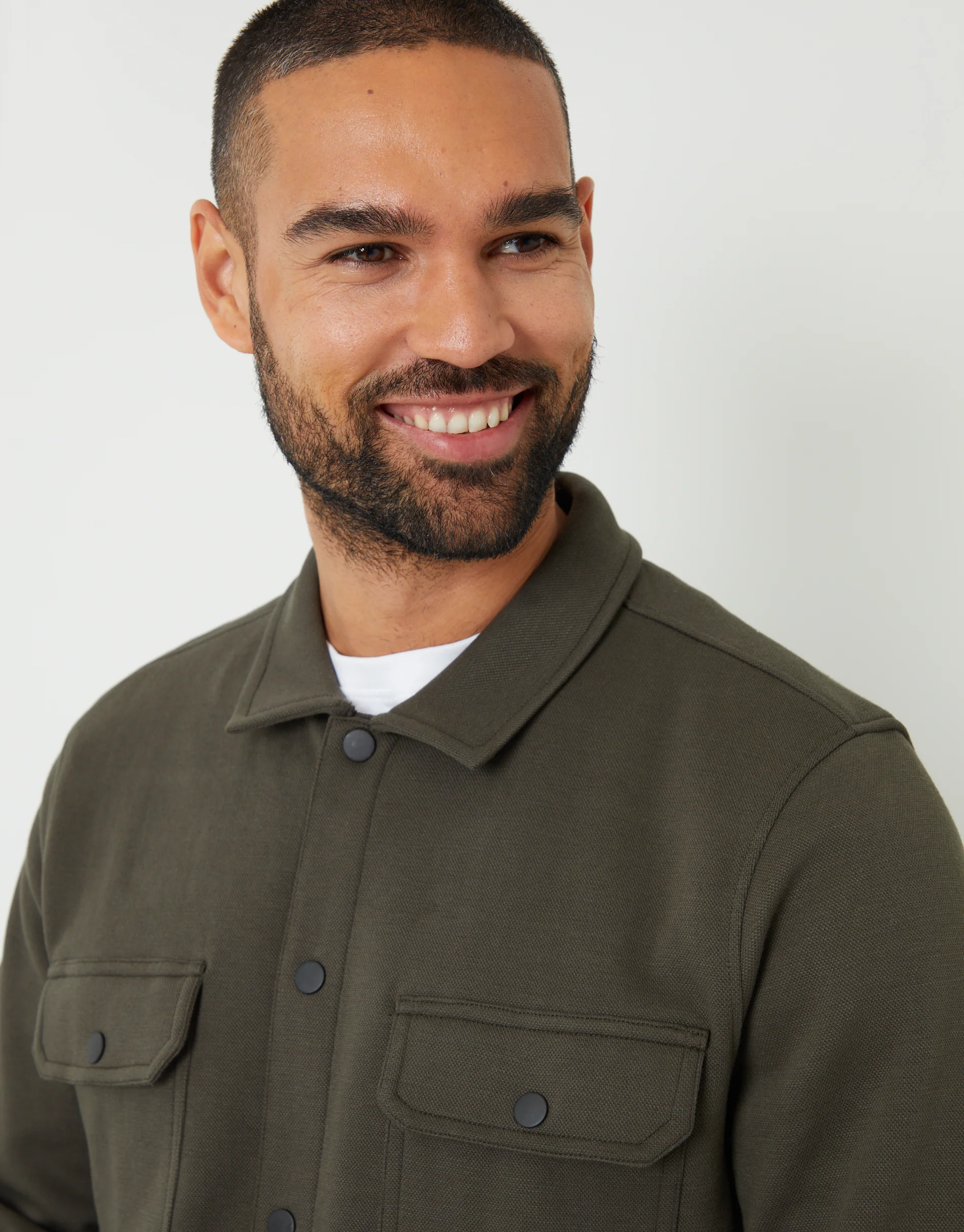 Pique Popper Fastening Shacket in Khaki Green - Image 4