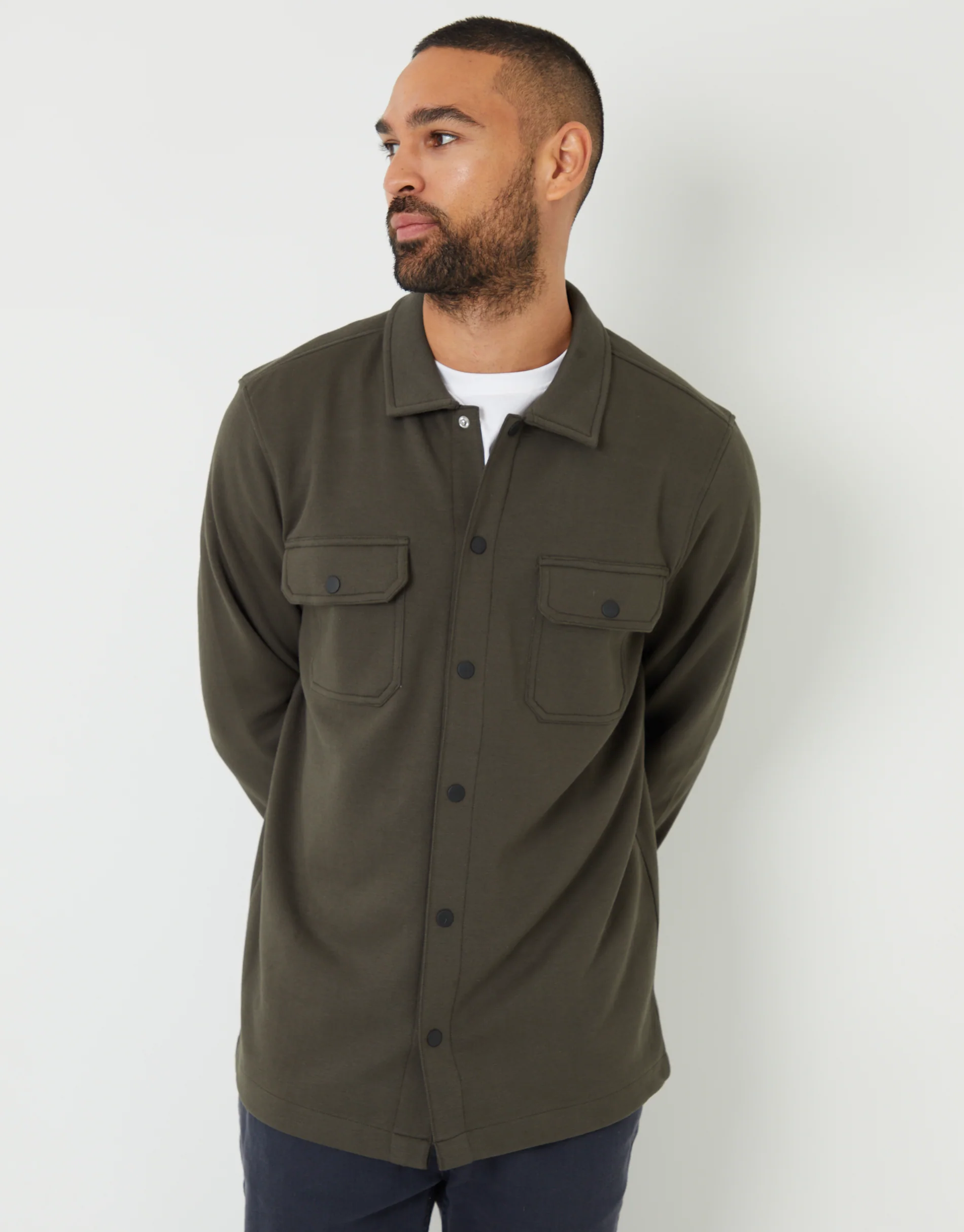 Pique Popper Fastening Shacket in Khaki Green - Image 5