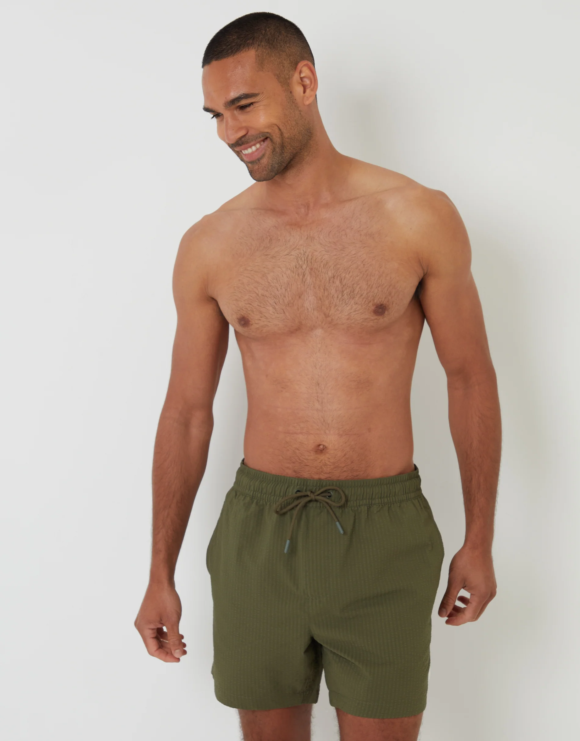 Seersucker Swim Shorts in Khaki Green - Image 3