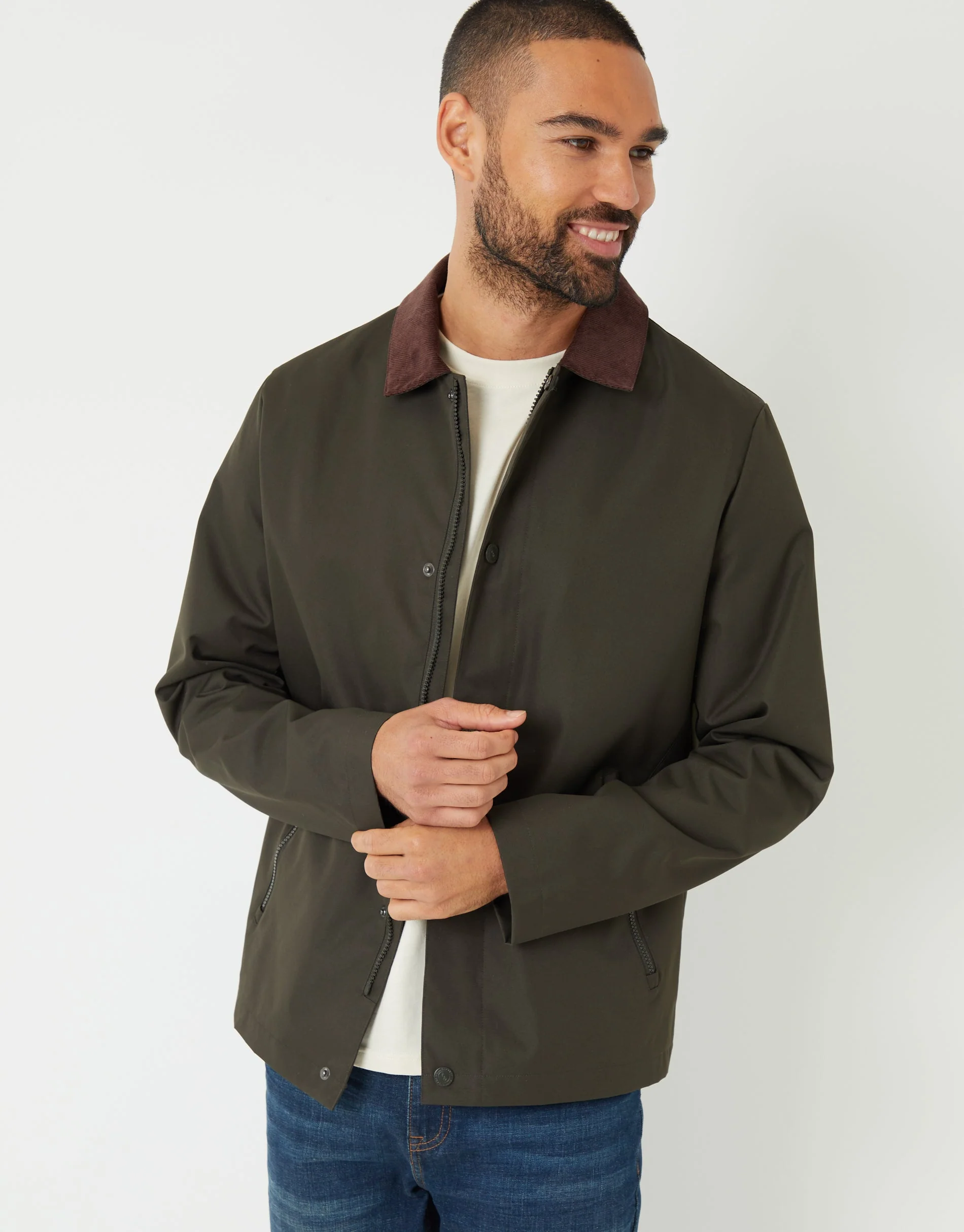 Showerproof Corduroy Collar Jacket in Khaki Green