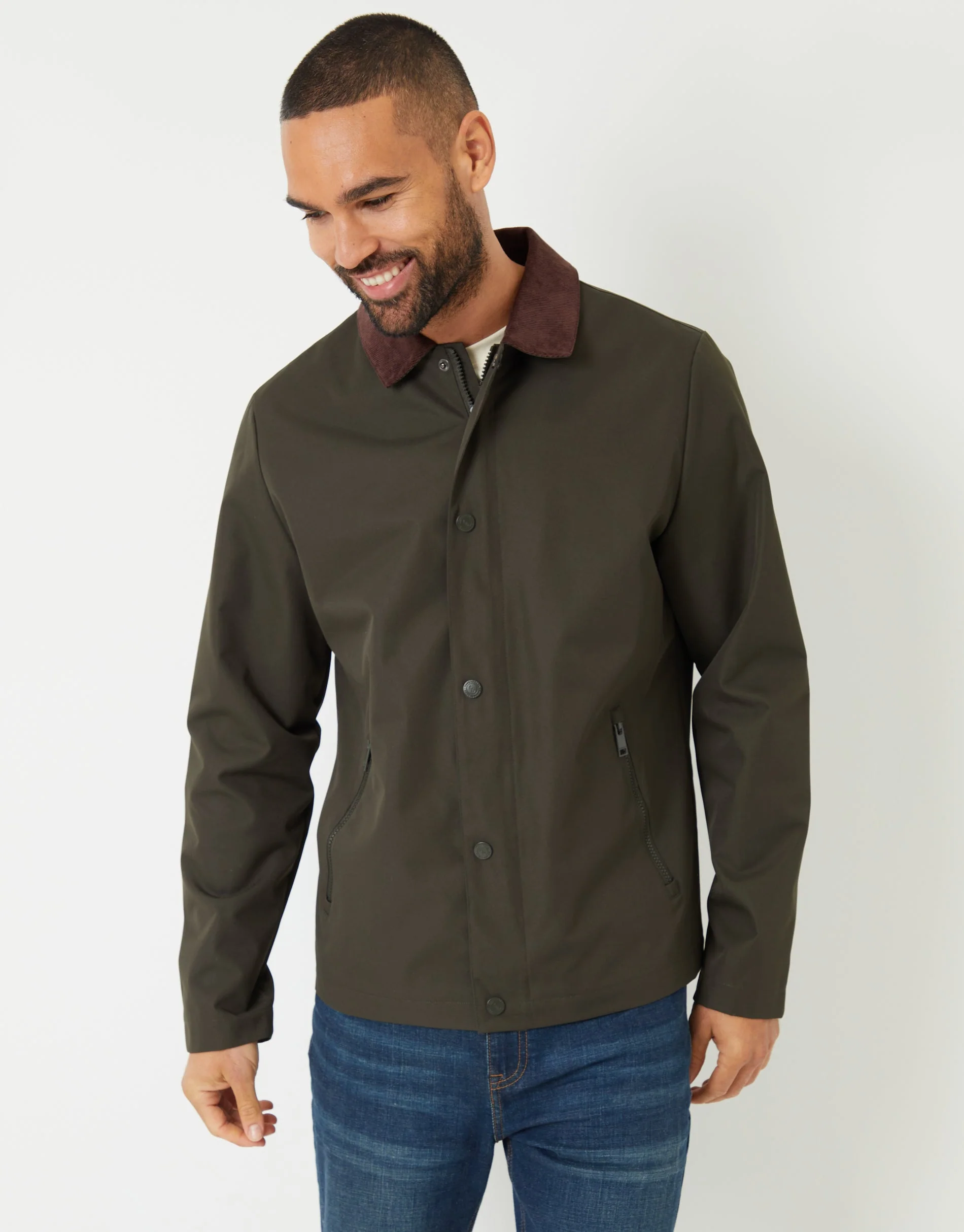 Showerproof Corduroy Collar Jacket in Khaki Green - Image 5
