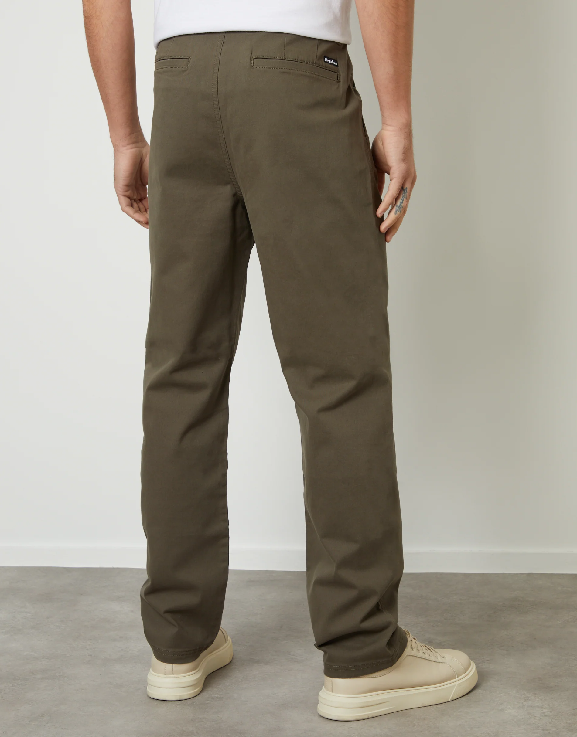 Straight Leg Pleated Chino Trousers in Khaki Green - Image 2