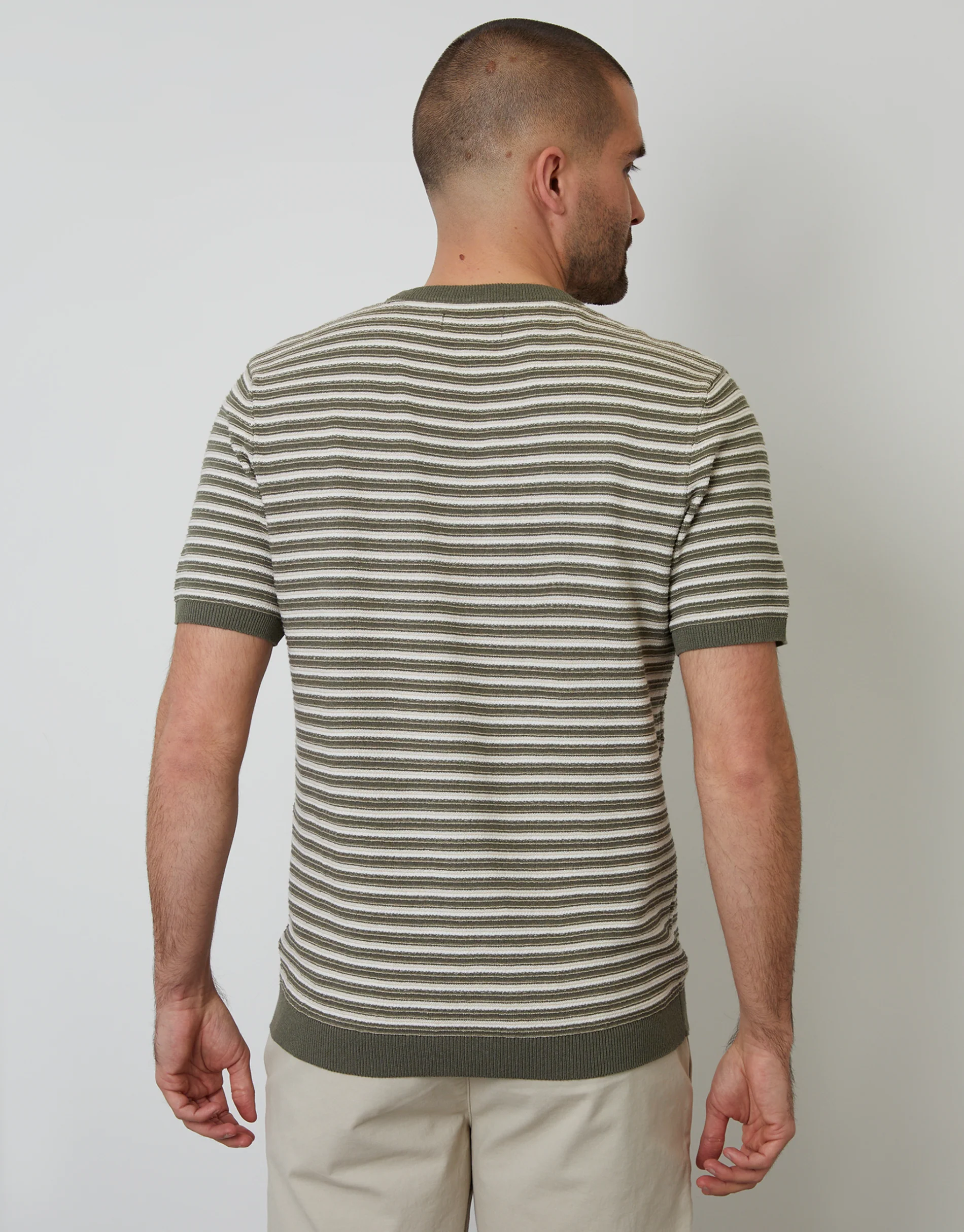 Textured Knitted T-Shirt in Khaki Green Stripe - Image 2