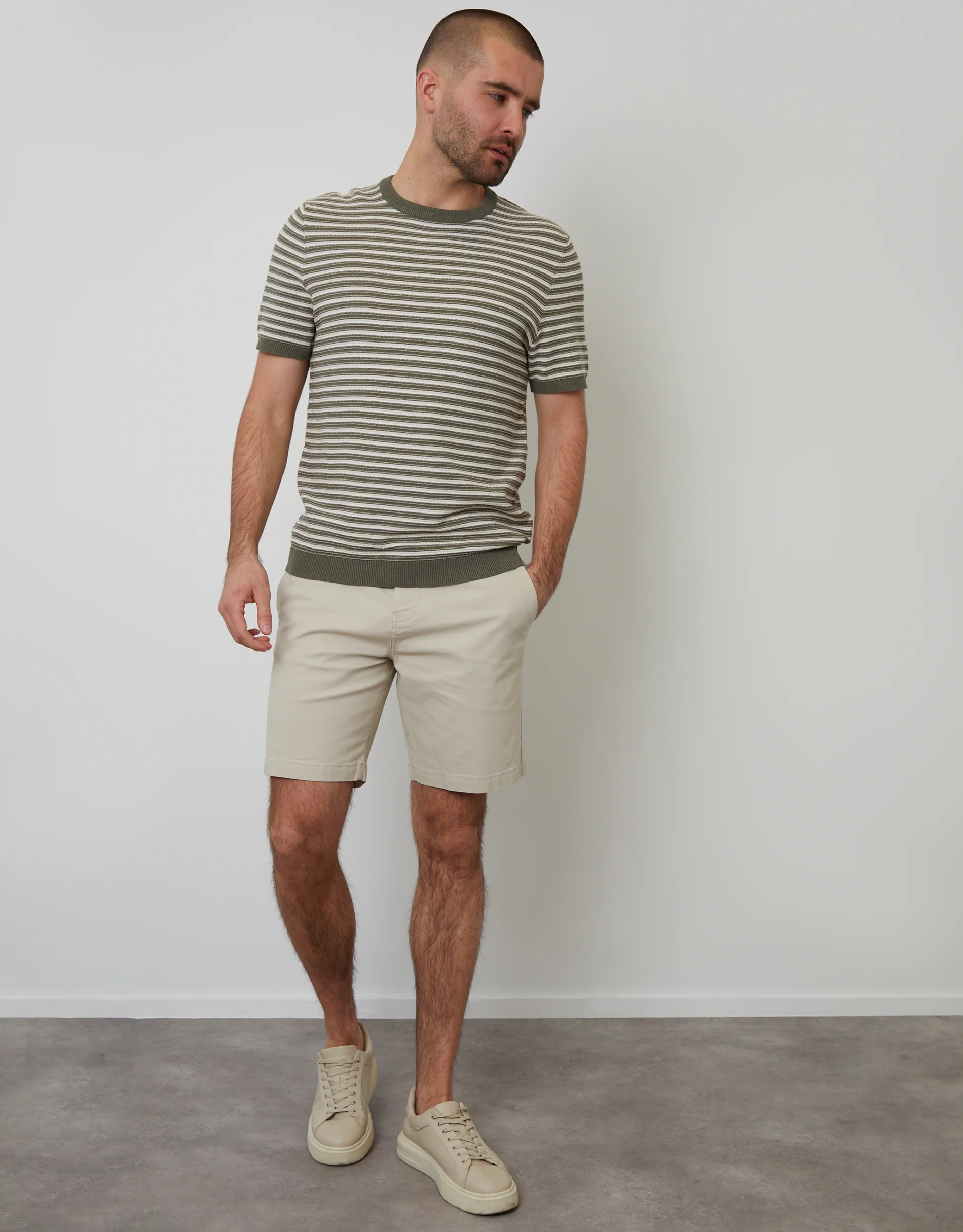 Textured Knitted T-Shirt in Khaki Green Stripe - Image 3