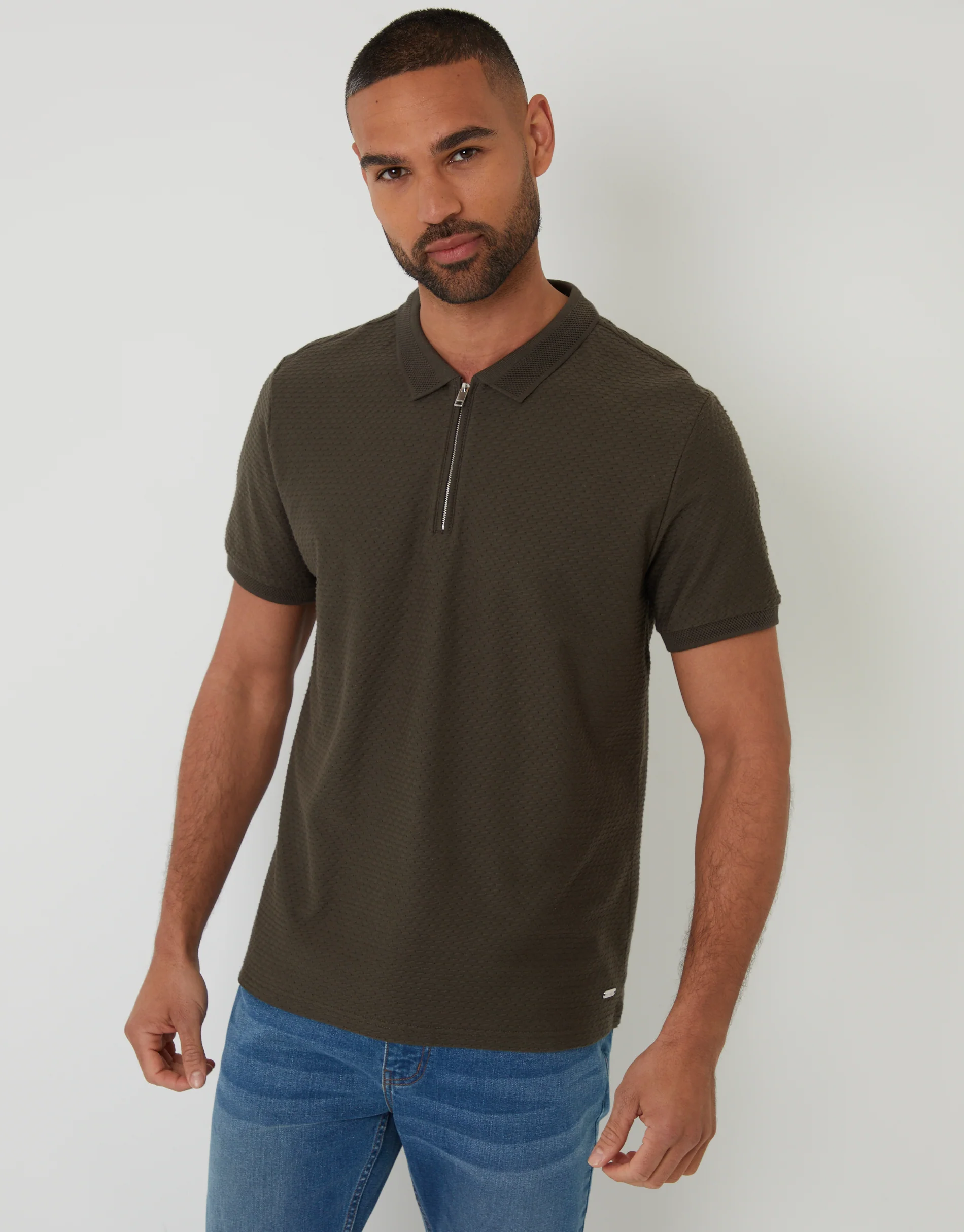 Textured Quarter Zip Polo Shirt in Khaki Green