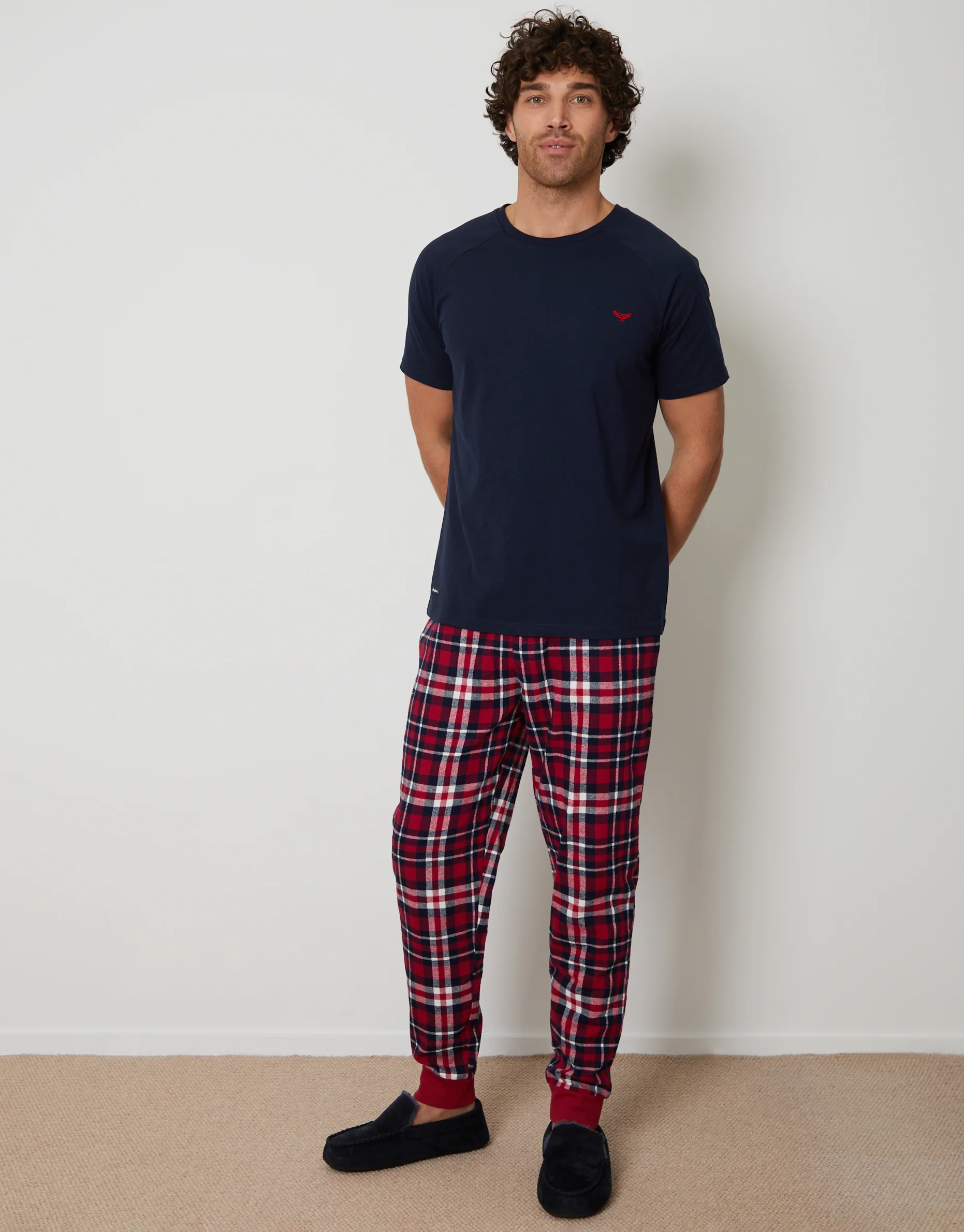 Pyjama T-Shirt & Bottoms Set in Navy & Red Check - Image 3
