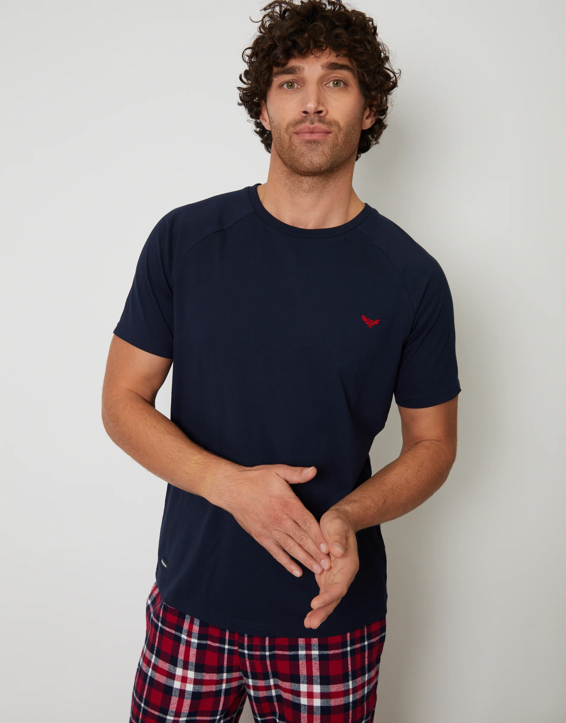 Pyjama T-Shirt & Bottoms Set in Navy & Red Check - Image 4