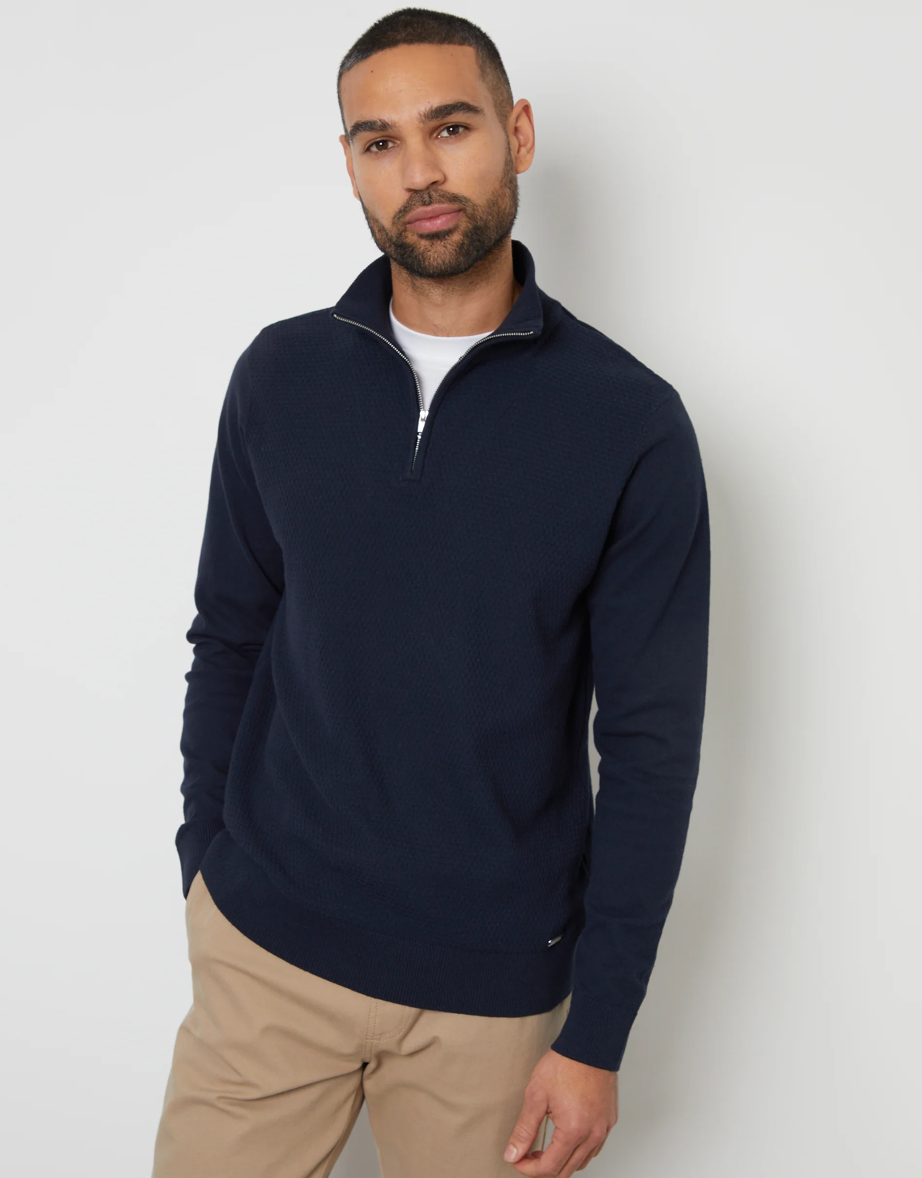 Basket Stitch Mock T-Shirt Quarter Zip Jumper in Navy
