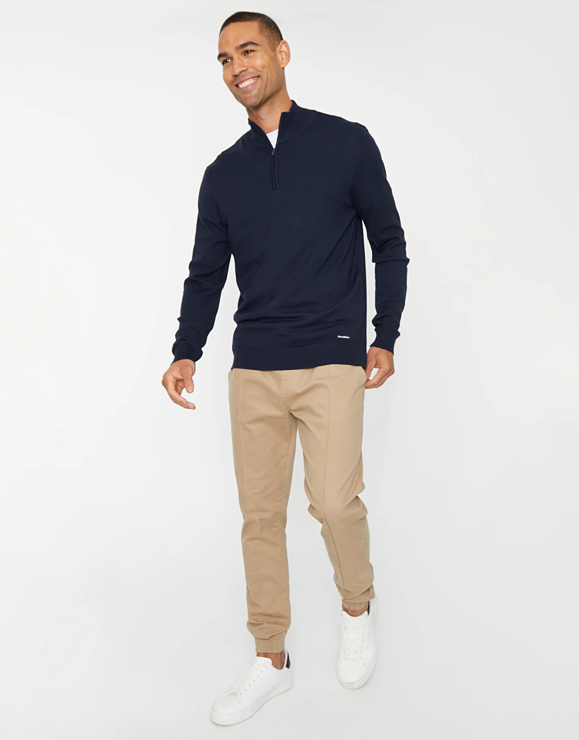 Funnel Neck Quarter Zip Knitted Jumper in Navy - Image 3