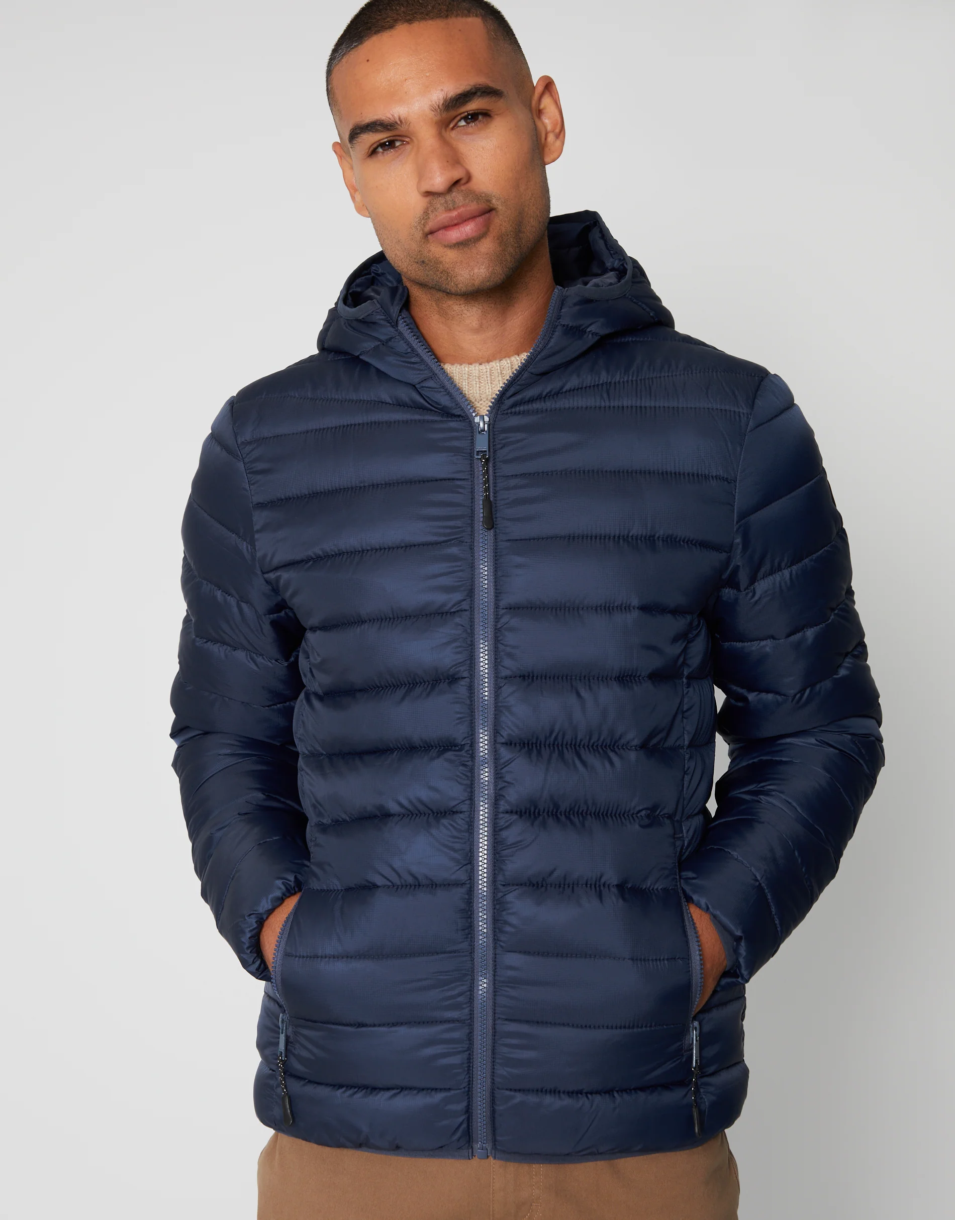 Matte Finish Padded Hooded Jacket in Navy