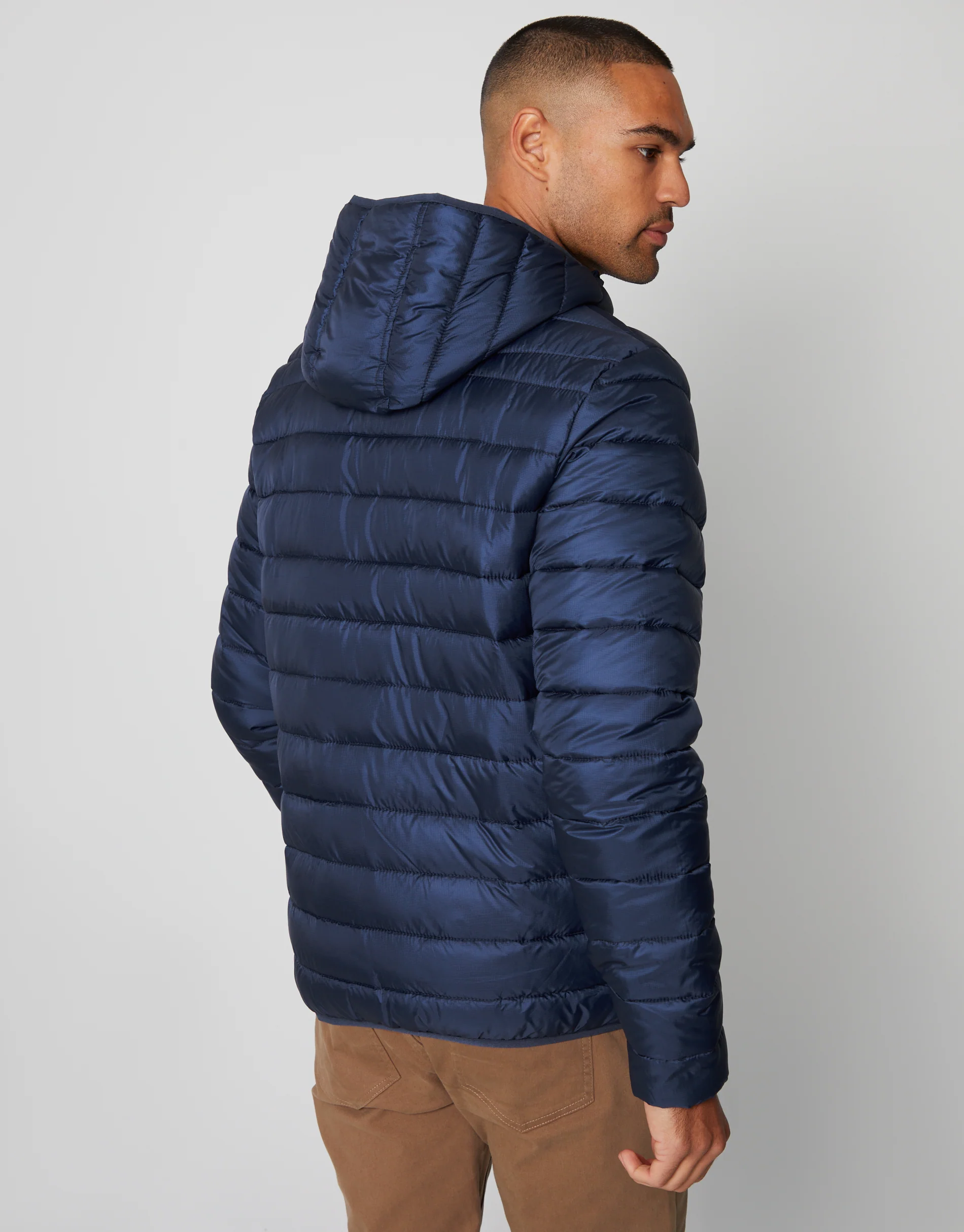 Matte Finish Padded Hooded Jacket in Navy - Image 2