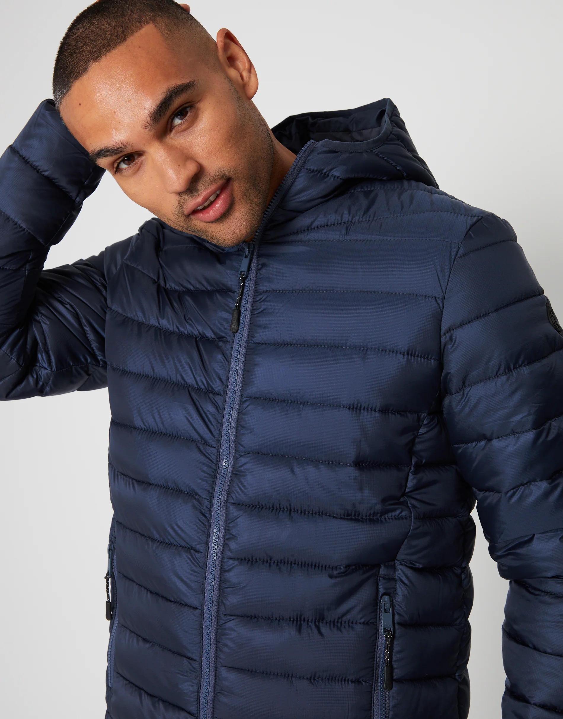 Matte Finish Padded Hooded Jacket in Navy - Image 5
