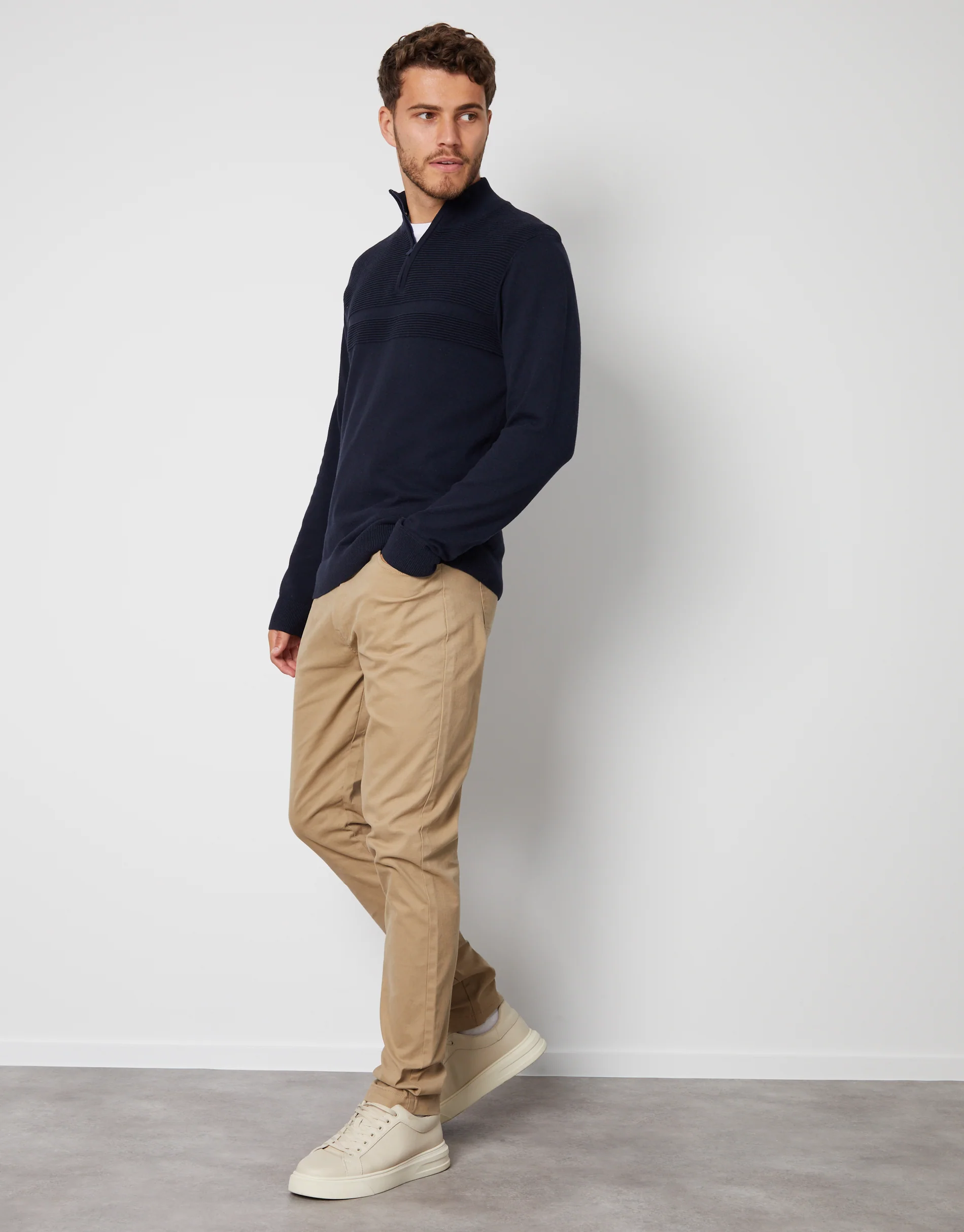 Rib Detail Knitted Quarter Zip Jumper in Navy - Image 3