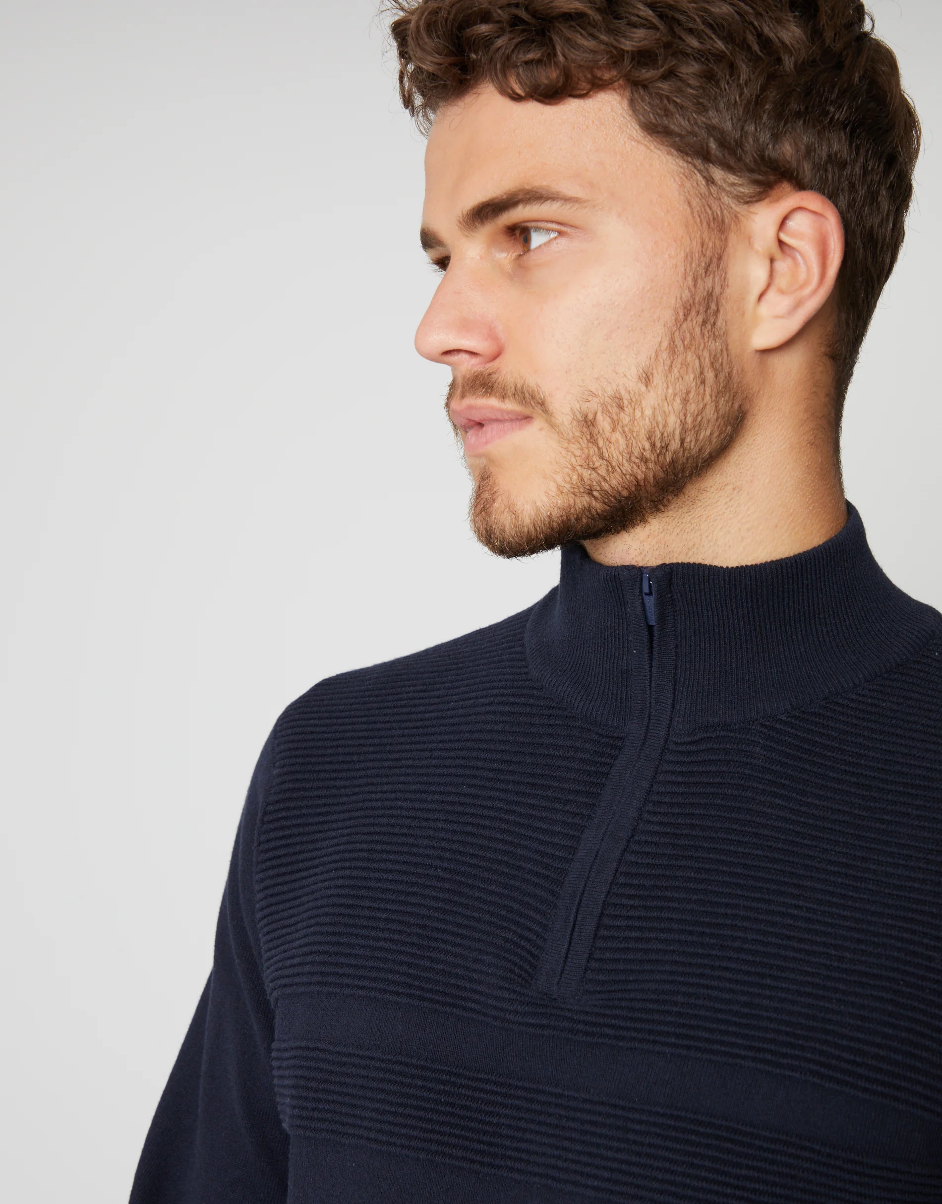 Rib Detail Knitted Quarter Zip Jumper in Navy - Image 4