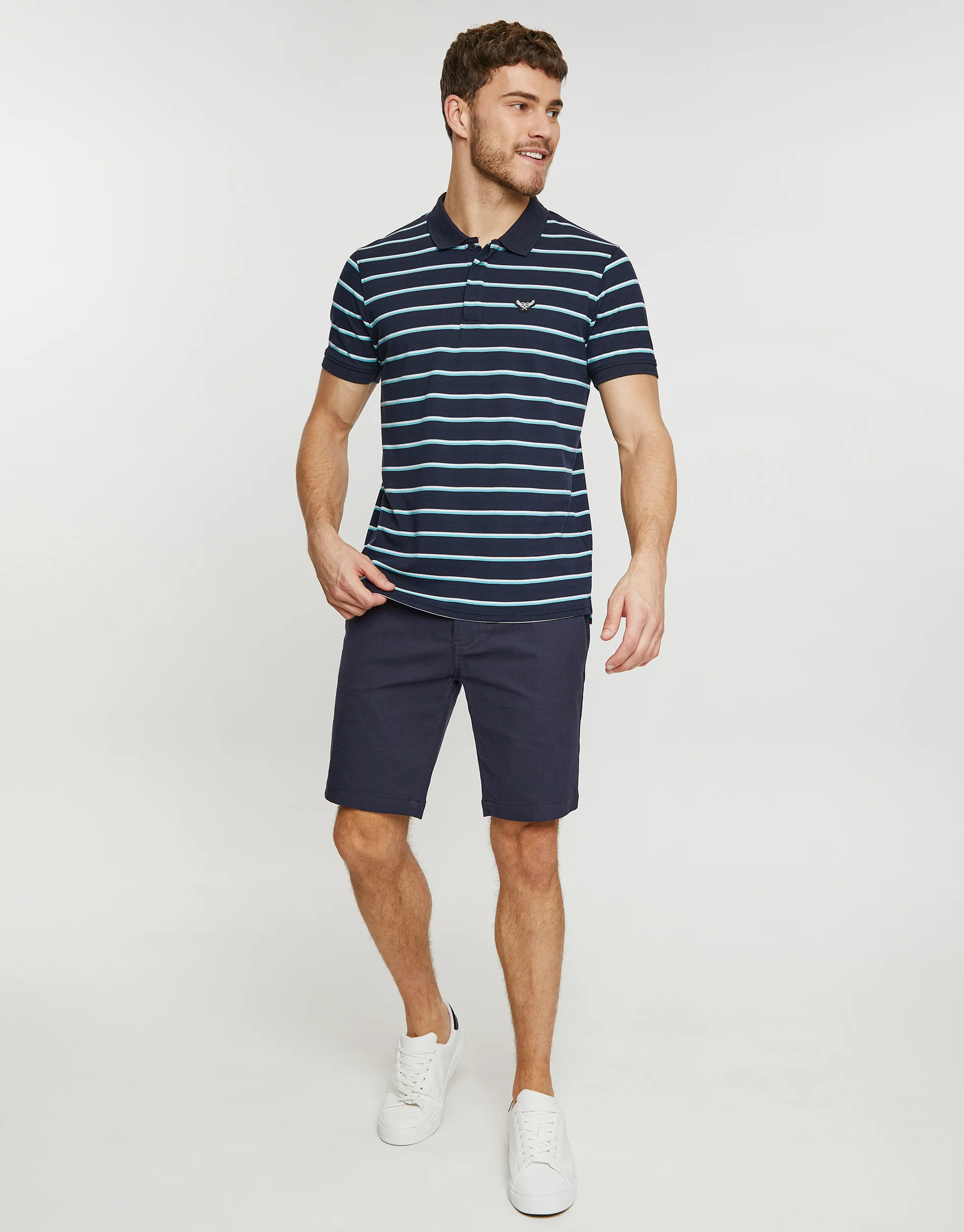 Stripe Rib Collar Polo Shirt in Navy - Image 3