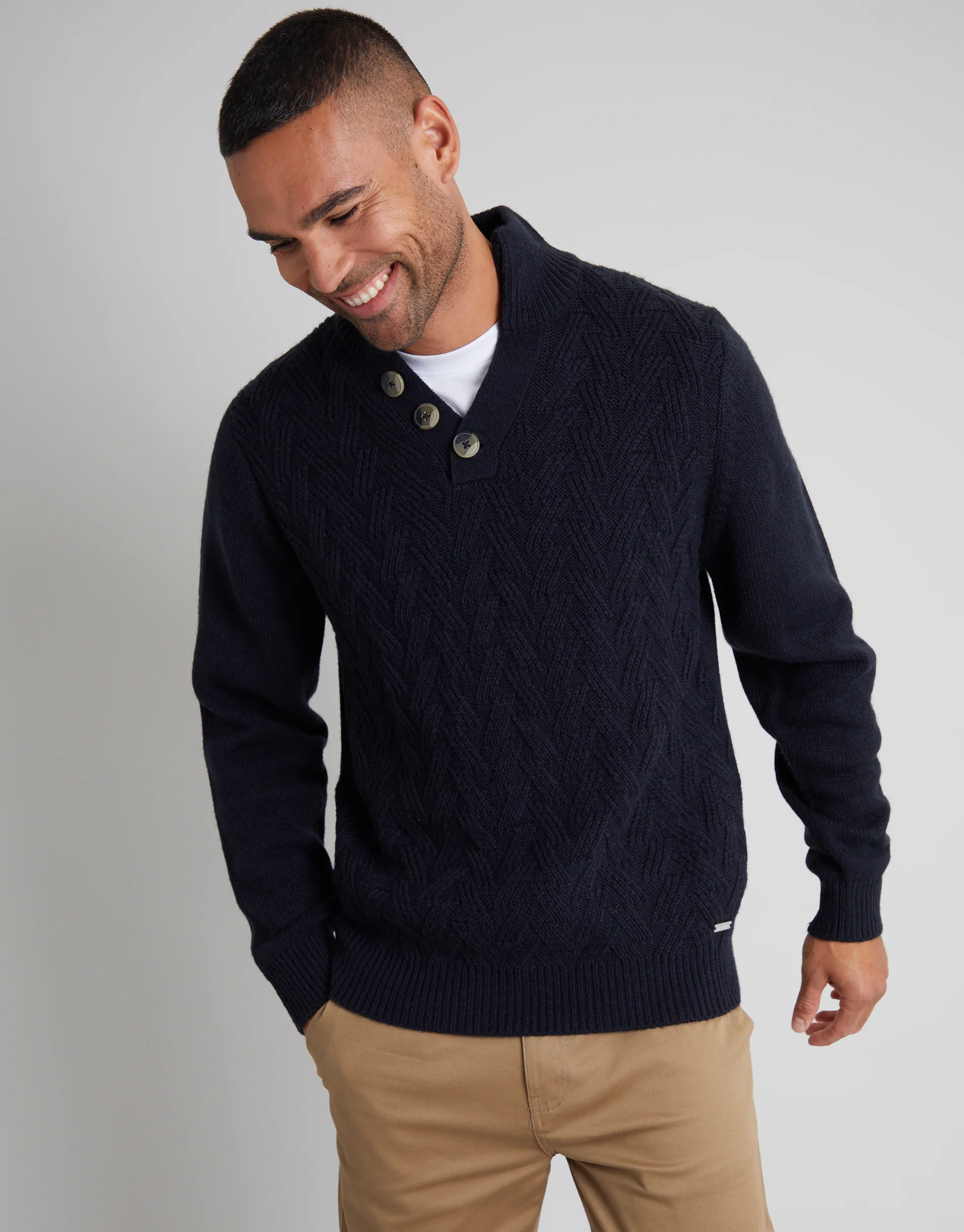Mock Neck Funnel Neck Cable Knit Jumper in Navy
