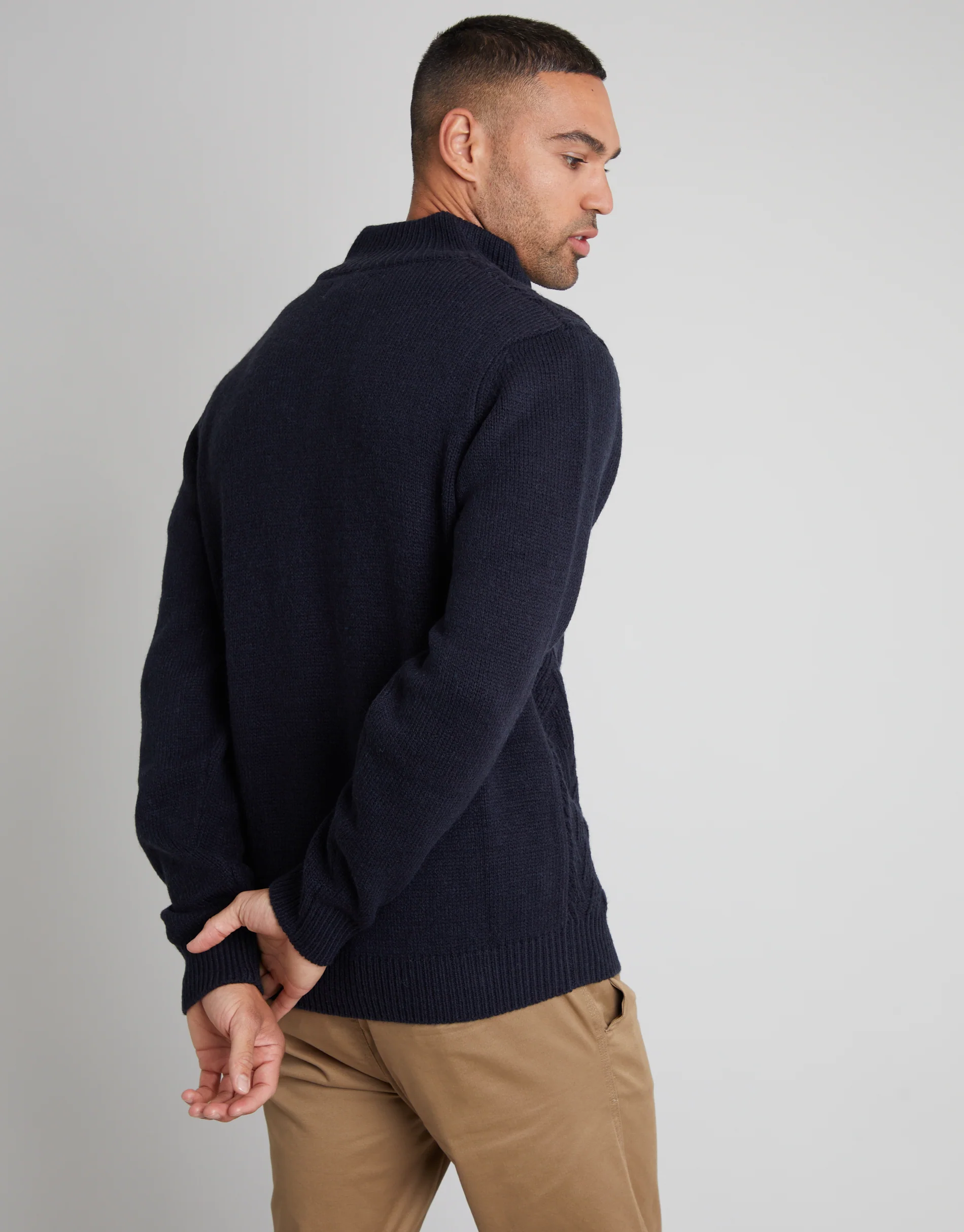 Mock Neck Funnel Neck Cable Knit Jumper in Navy - Image 2