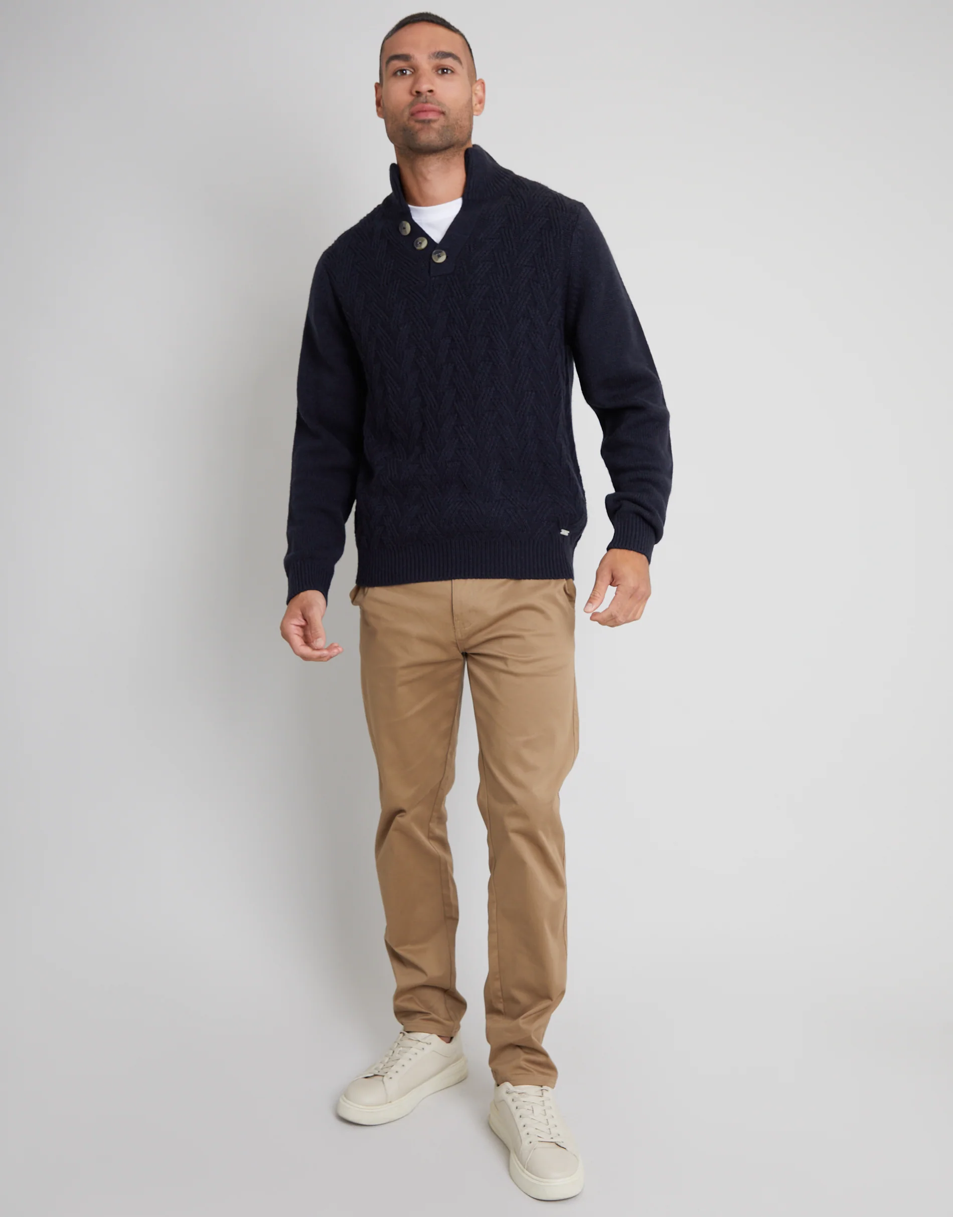 Mock Neck Funnel Neck Cable Knit Jumper in Navy - Image 3