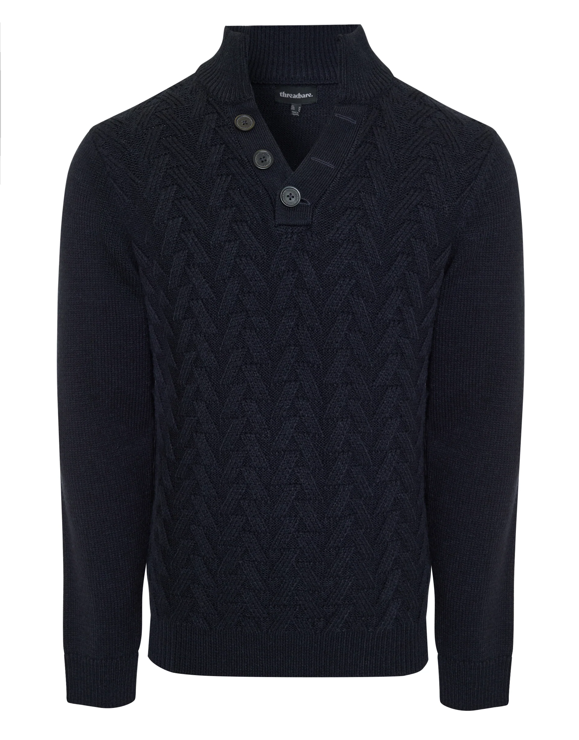 Mock Neck Funnel Neck Cable Knit Jumper in Navy - Image 7