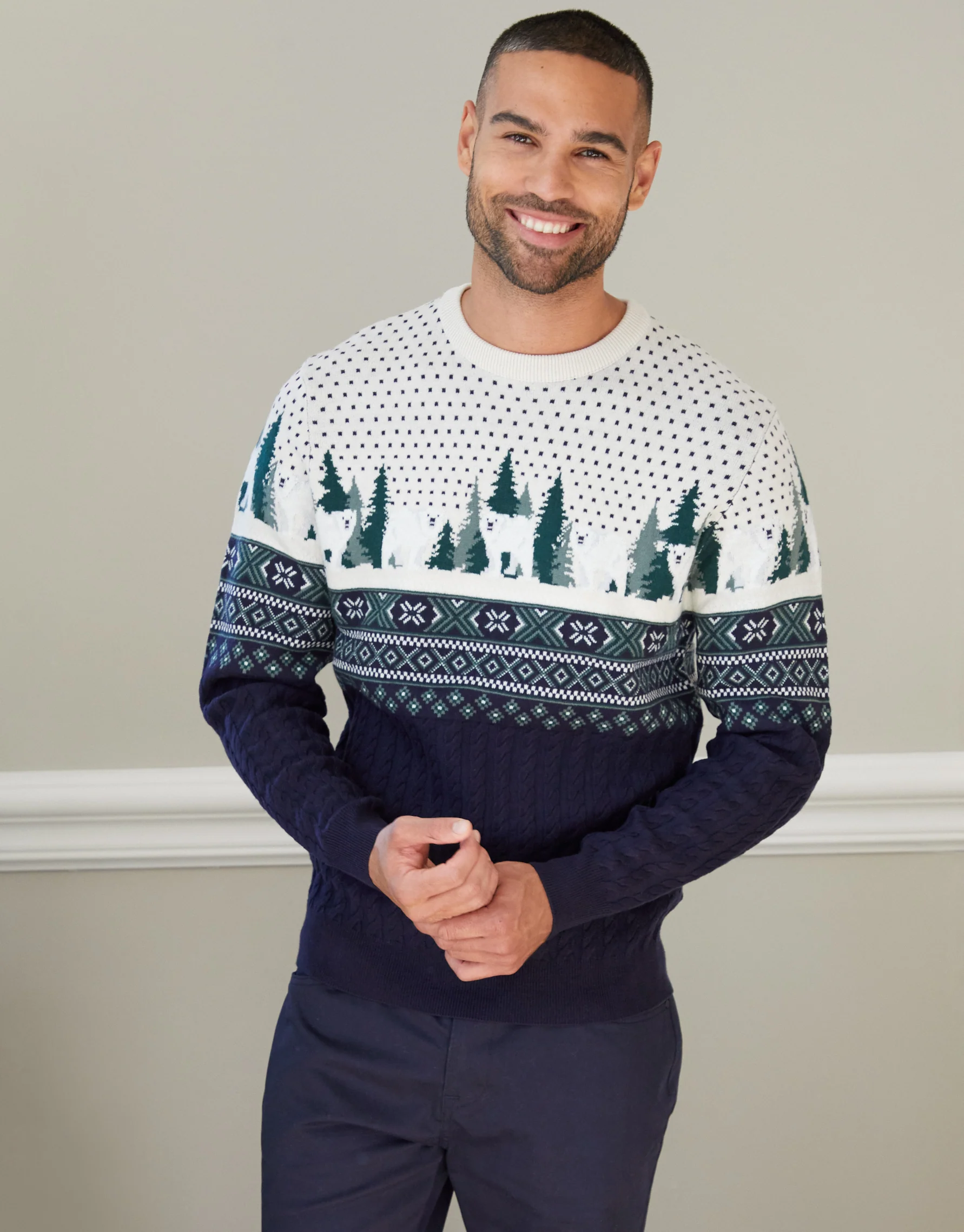 Cable Knit Fairisle Christmas Jumper in Navy