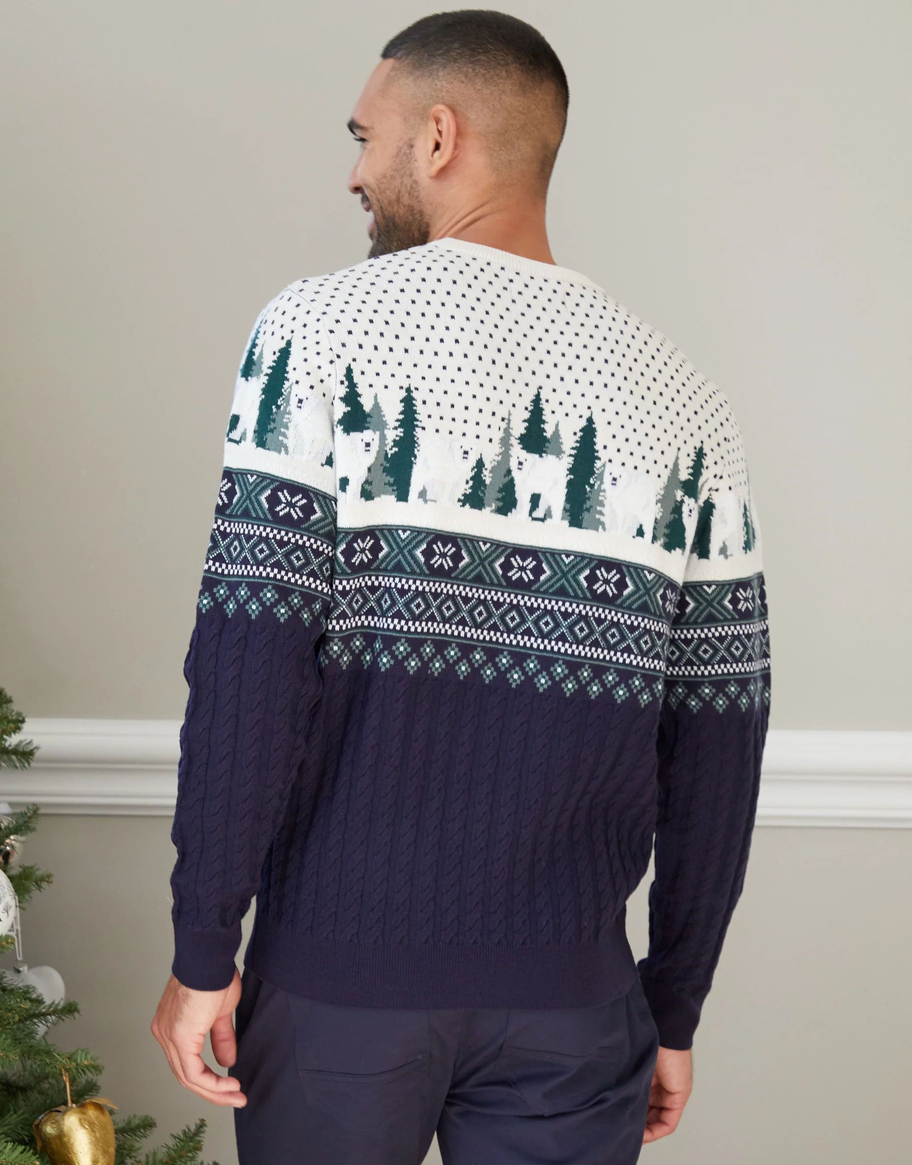 Cable Knit Fairisle Christmas Jumper in Navy - Image 2