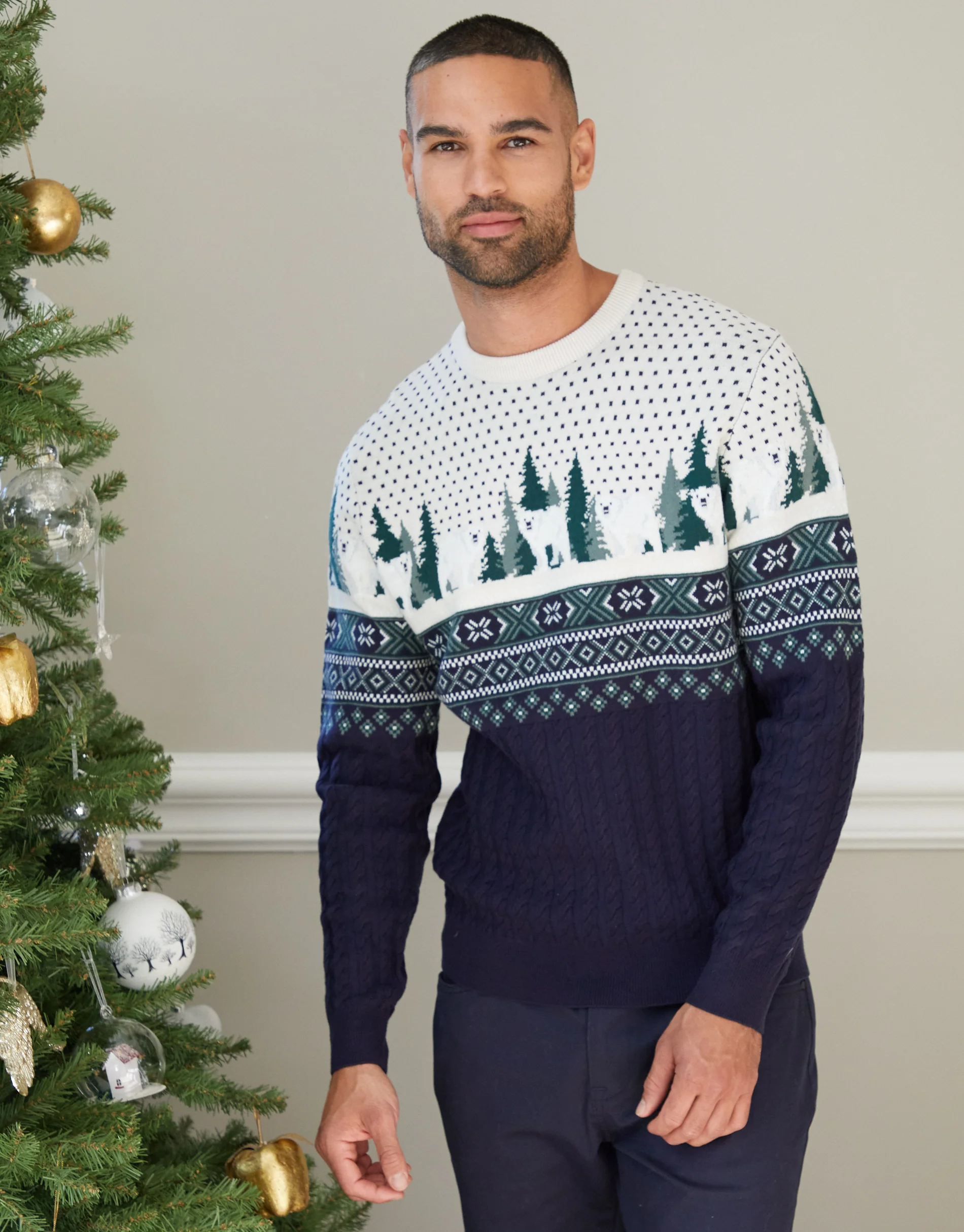 Cable Knit Fairisle Christmas Jumper in Navy - Image 3