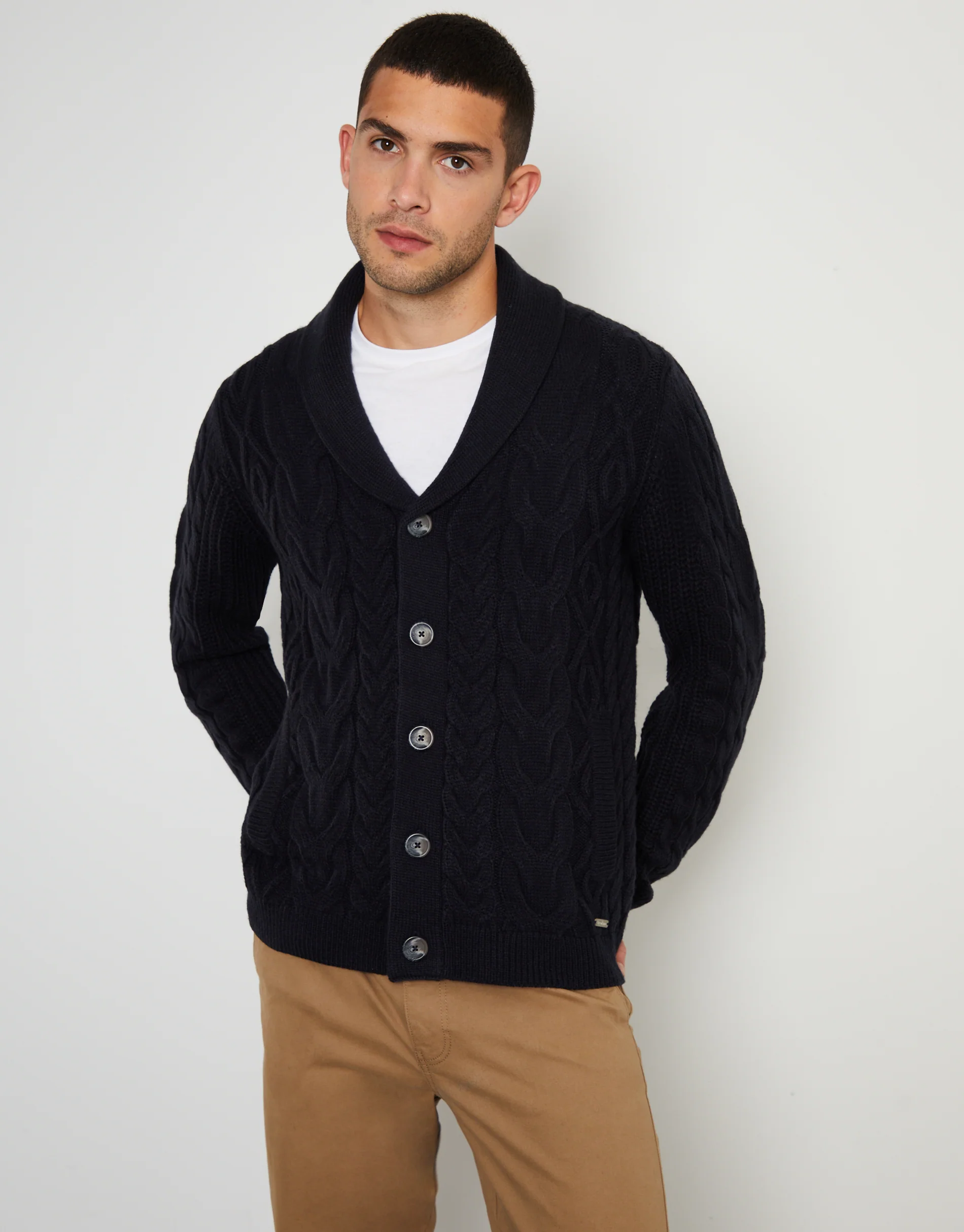 Cable Knit Shawl Cardigan in Navy