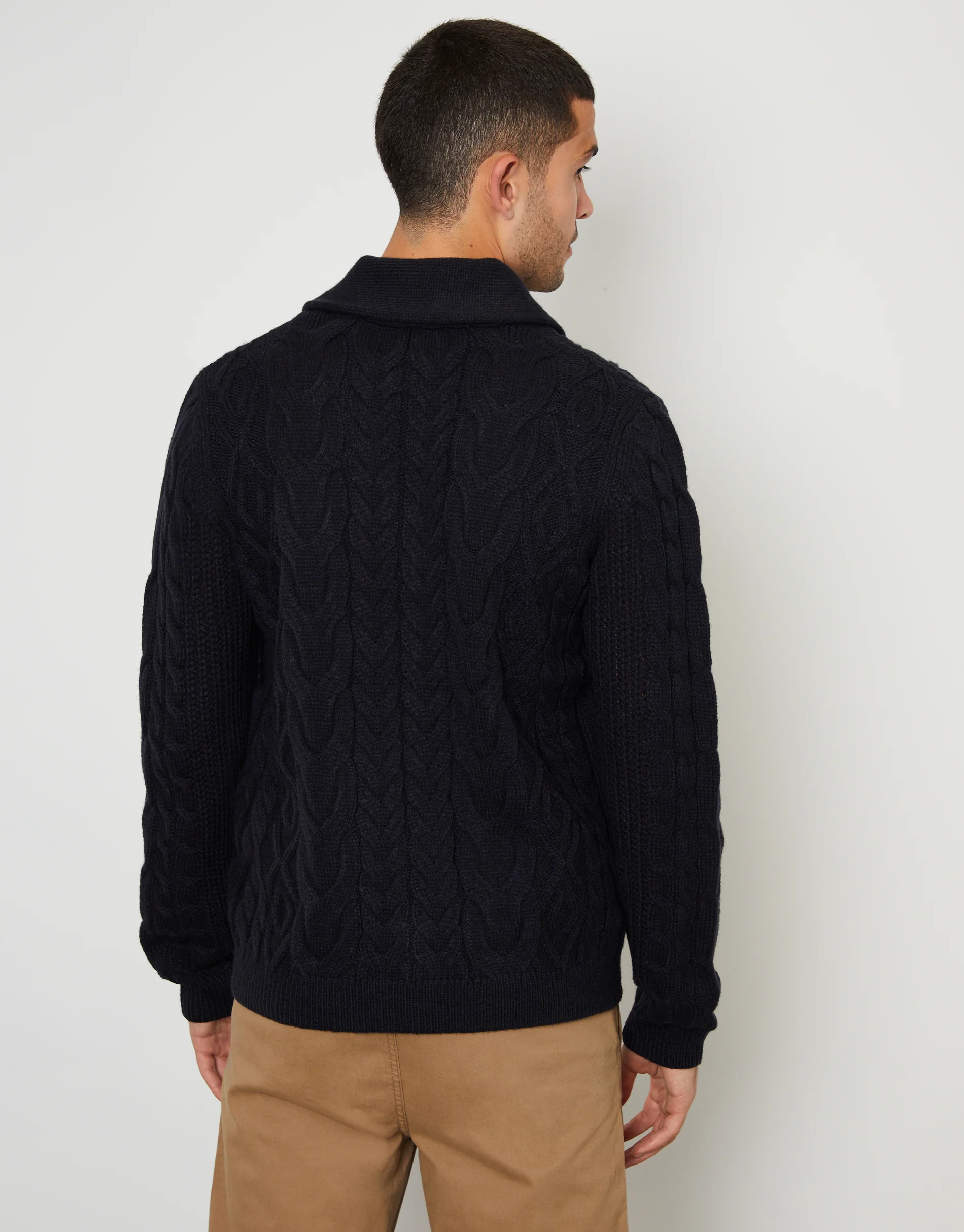Cable Knit Shawl Cardigan in Navy - Image 2