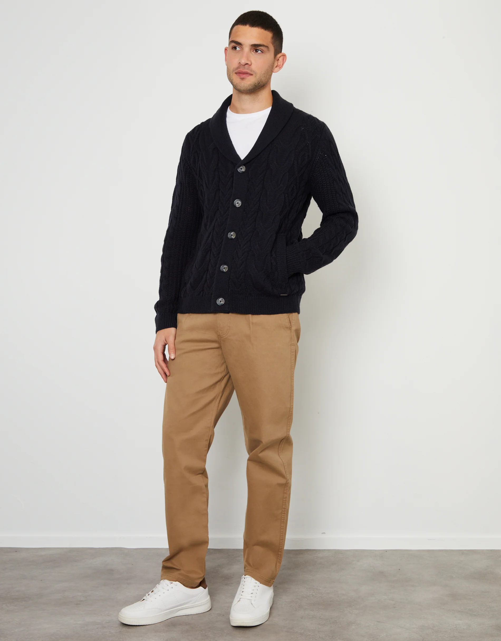 Cable Knit Shawl Cardigan in Navy - Image 3