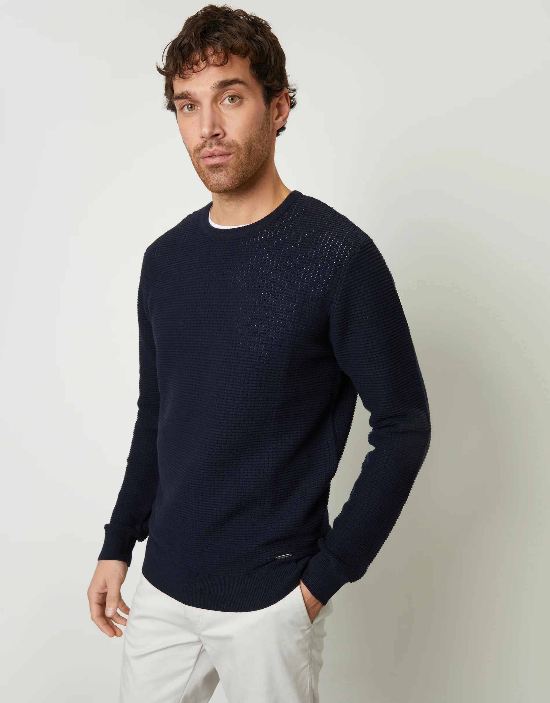 Crochet Knit Crew Neck Jumper in Navy