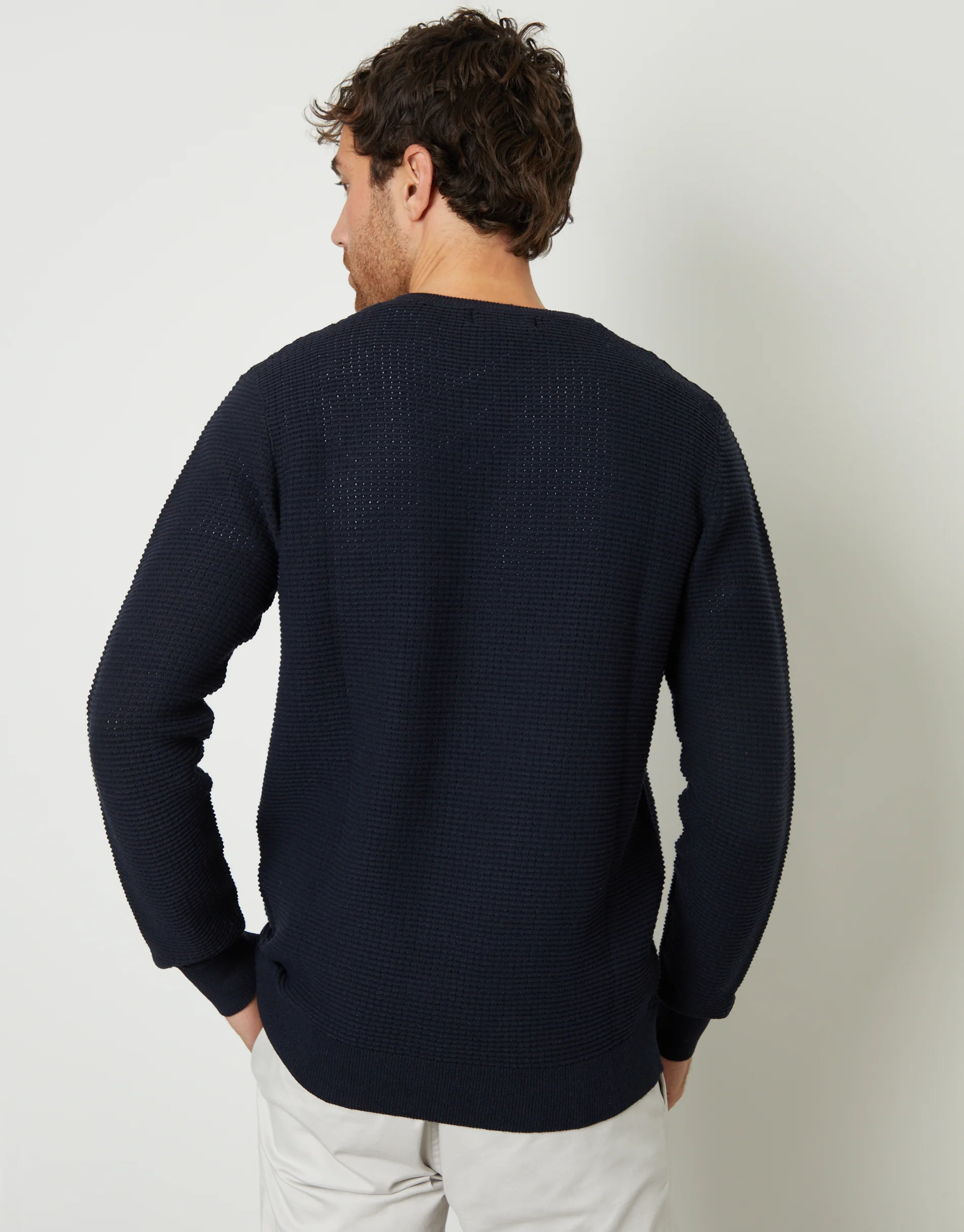 Crochet Knit Crew Neck Jumper in Navy - Image 2