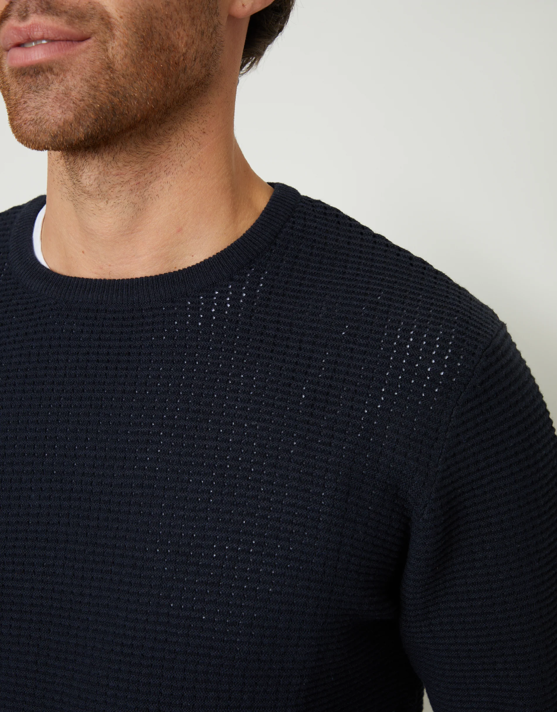 Crochet Knit Crew Neck Jumper in Navy - Image 4