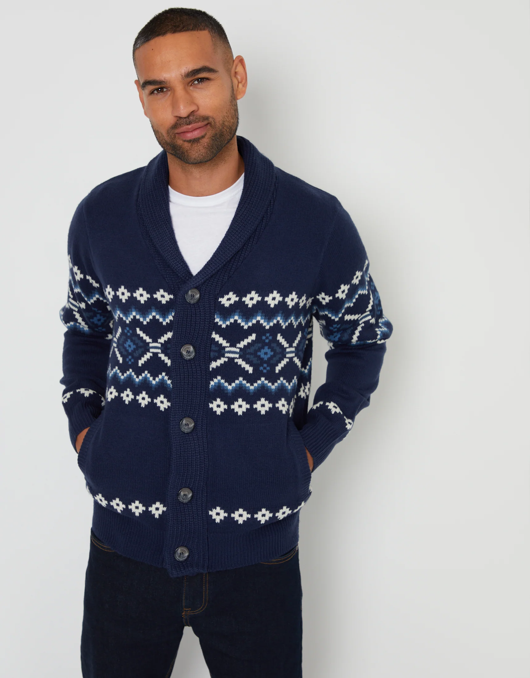 Fairisle Shawl Neck Knitted Cardigan in Navy