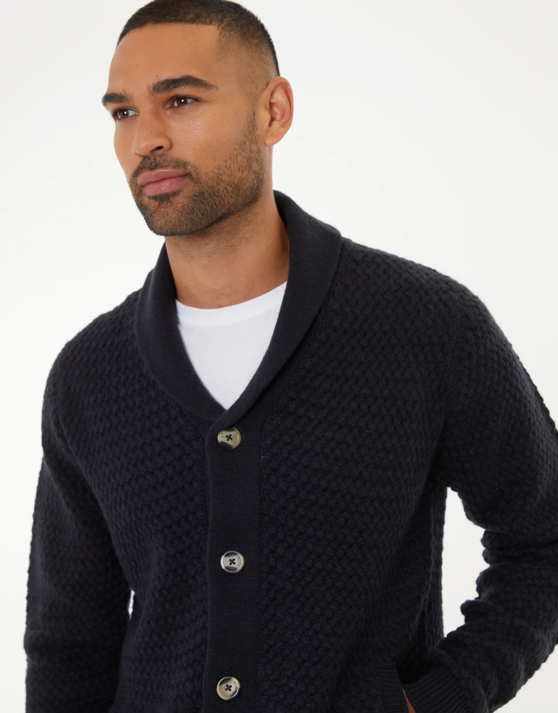 Knitted Shawl Cardigan in Navy - Image 4