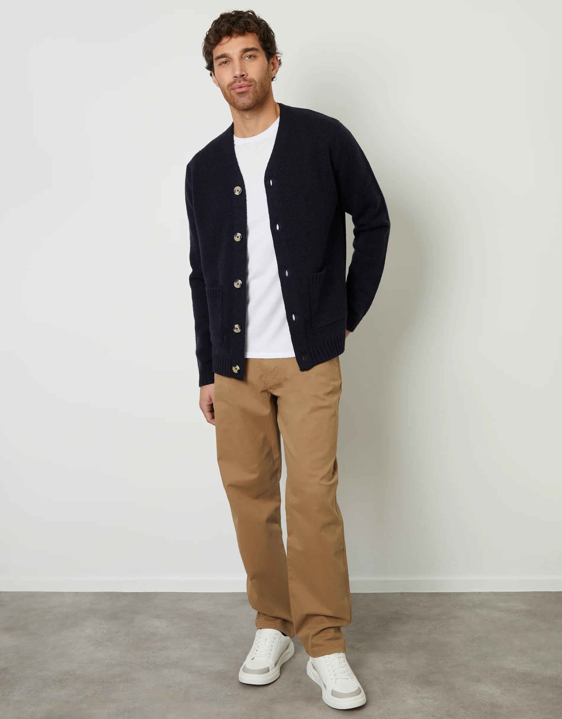 Knitted V-Neck Cardigan in Navy - Image 3