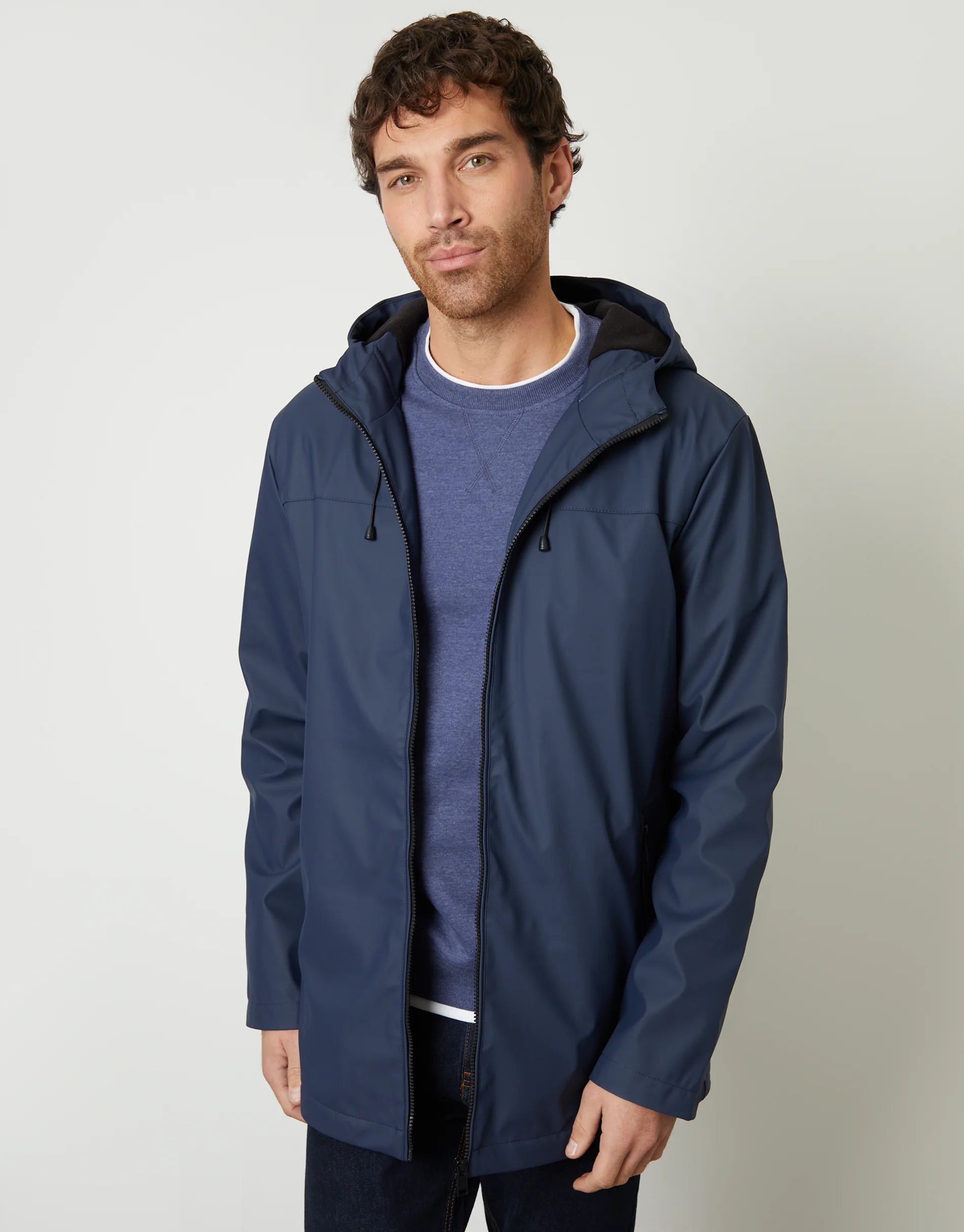 Microfleece Lined Hooded Rubberised Raincoat in Navy