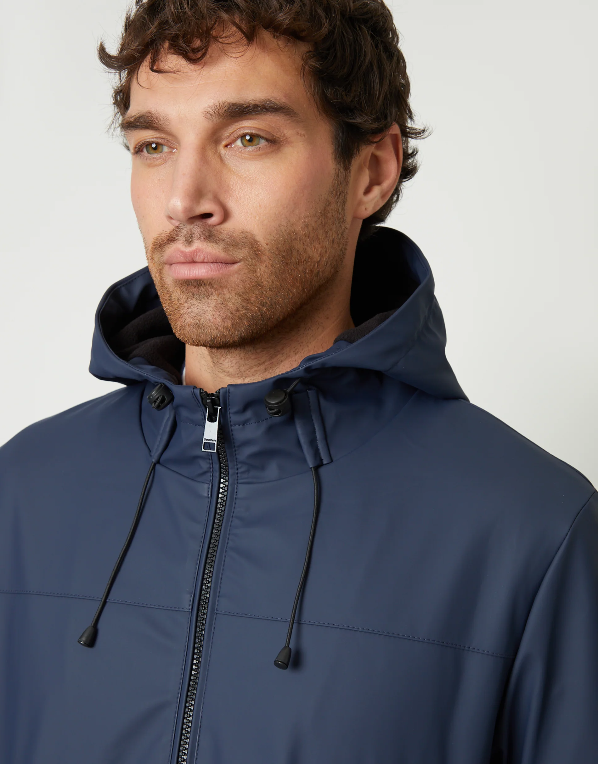Microfleece Lined Hooded Rubberised Raincoat in Navy - Image 4