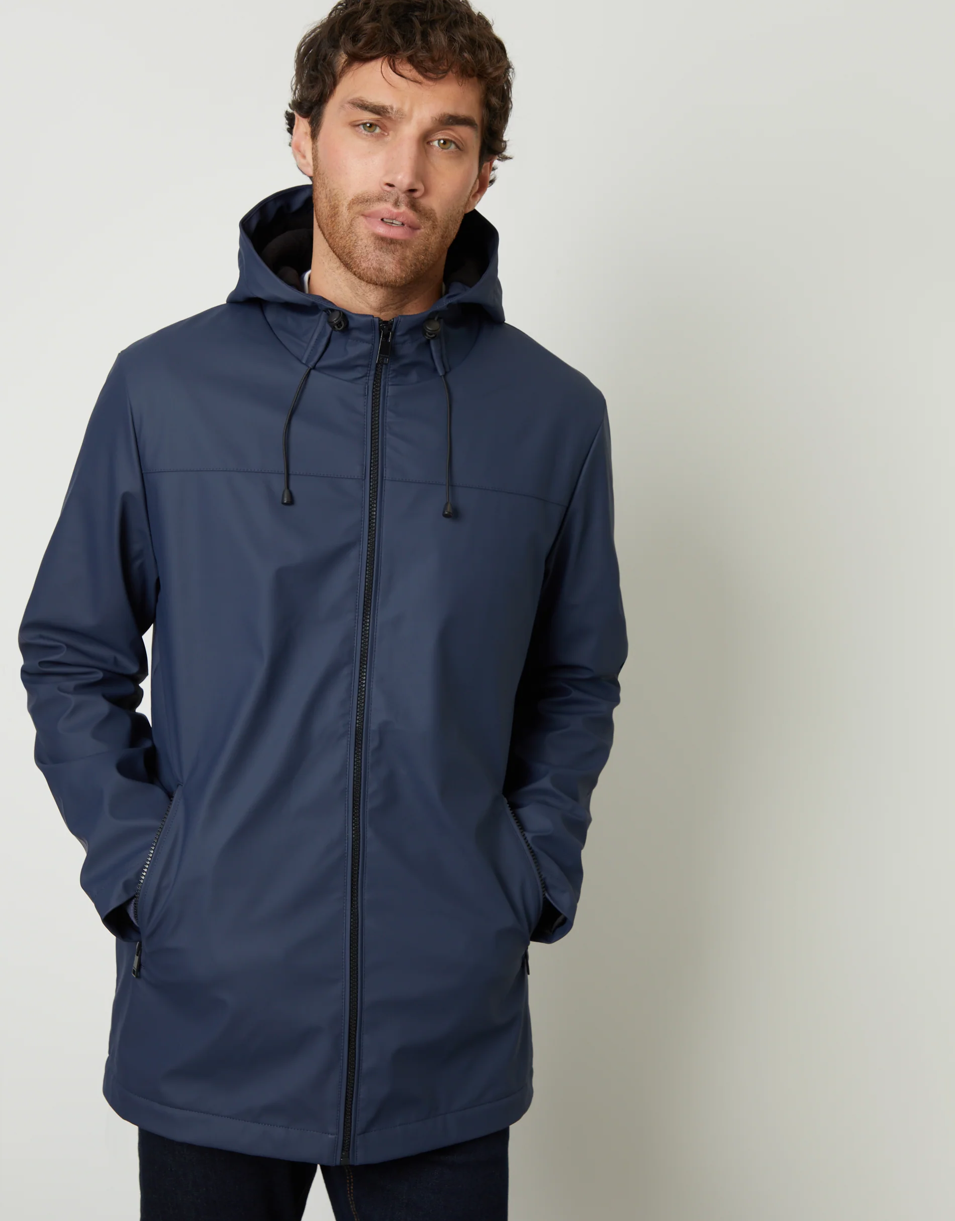 Microfleece Lined Hooded Rubberised Raincoat in Navy - Image 5
