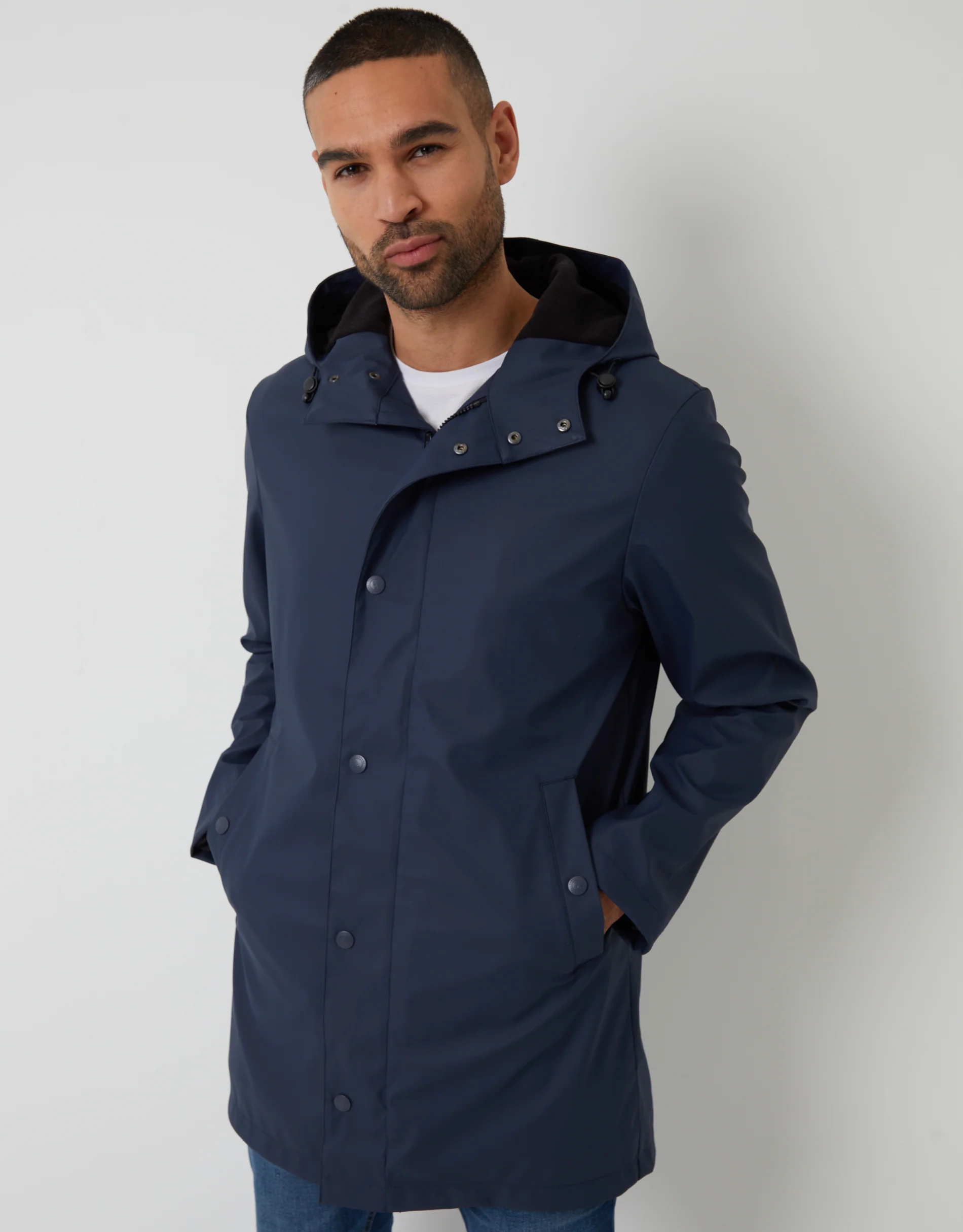 Microfleece Lined Longline Hooded Raincoat in Navy - Image 5