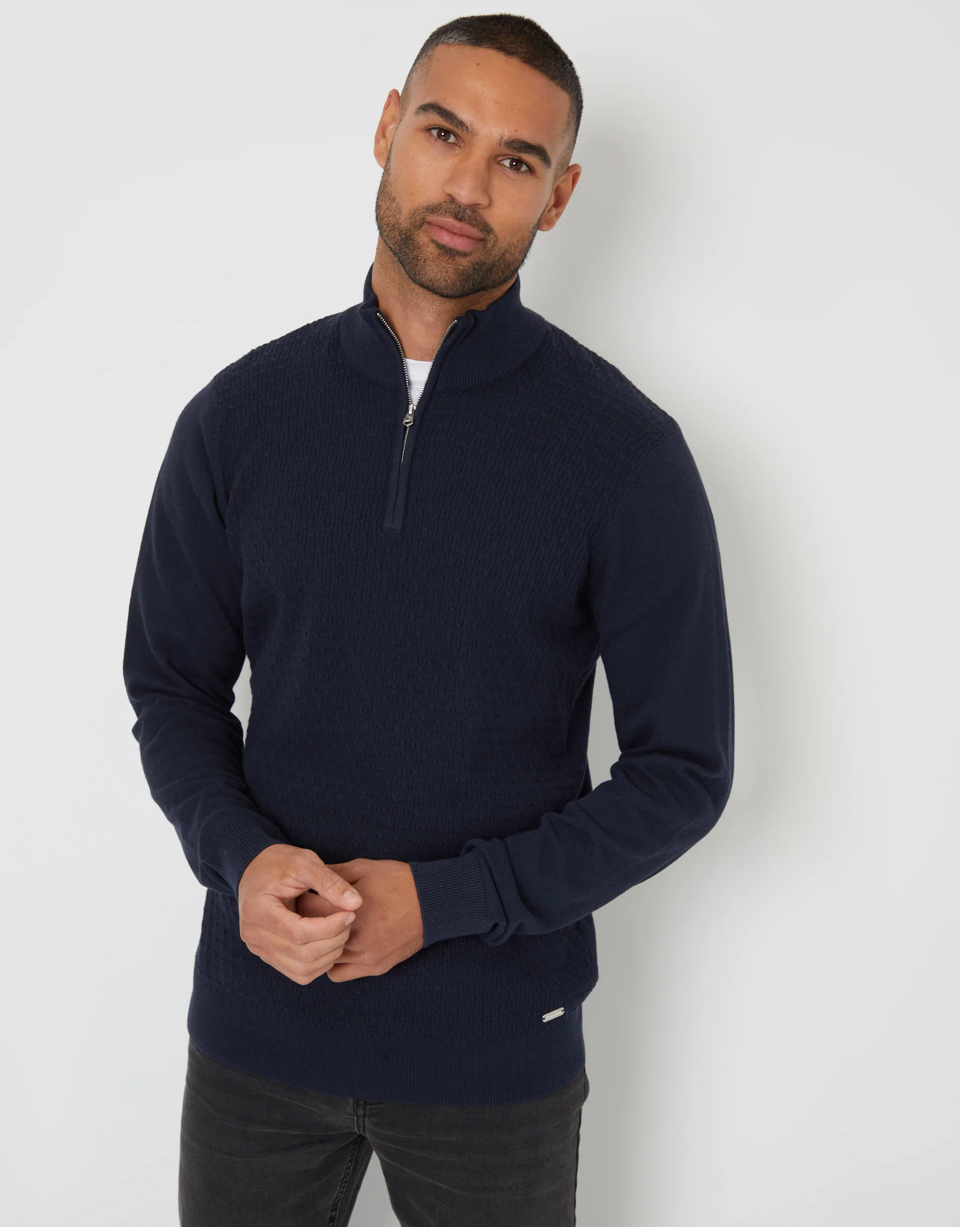 Mini Cable Knit Quarter Zip Jumper in Navy