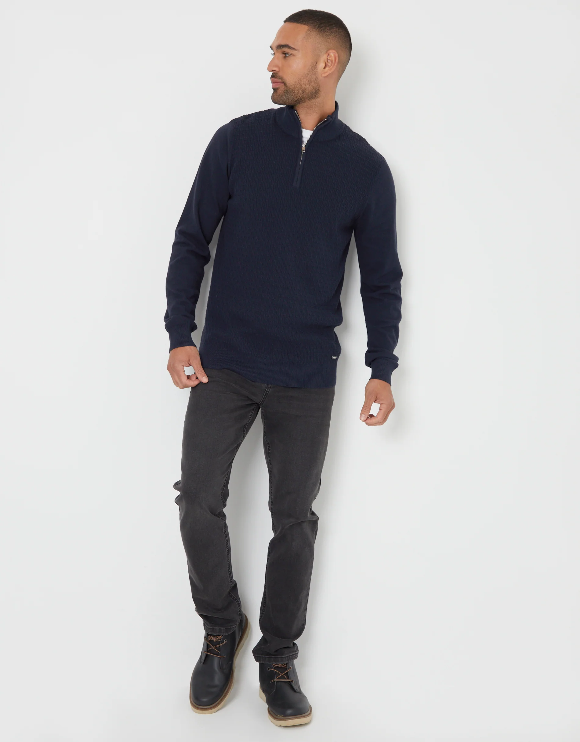 Mini Cable Knit Quarter Zip Jumper in Navy - Image 3