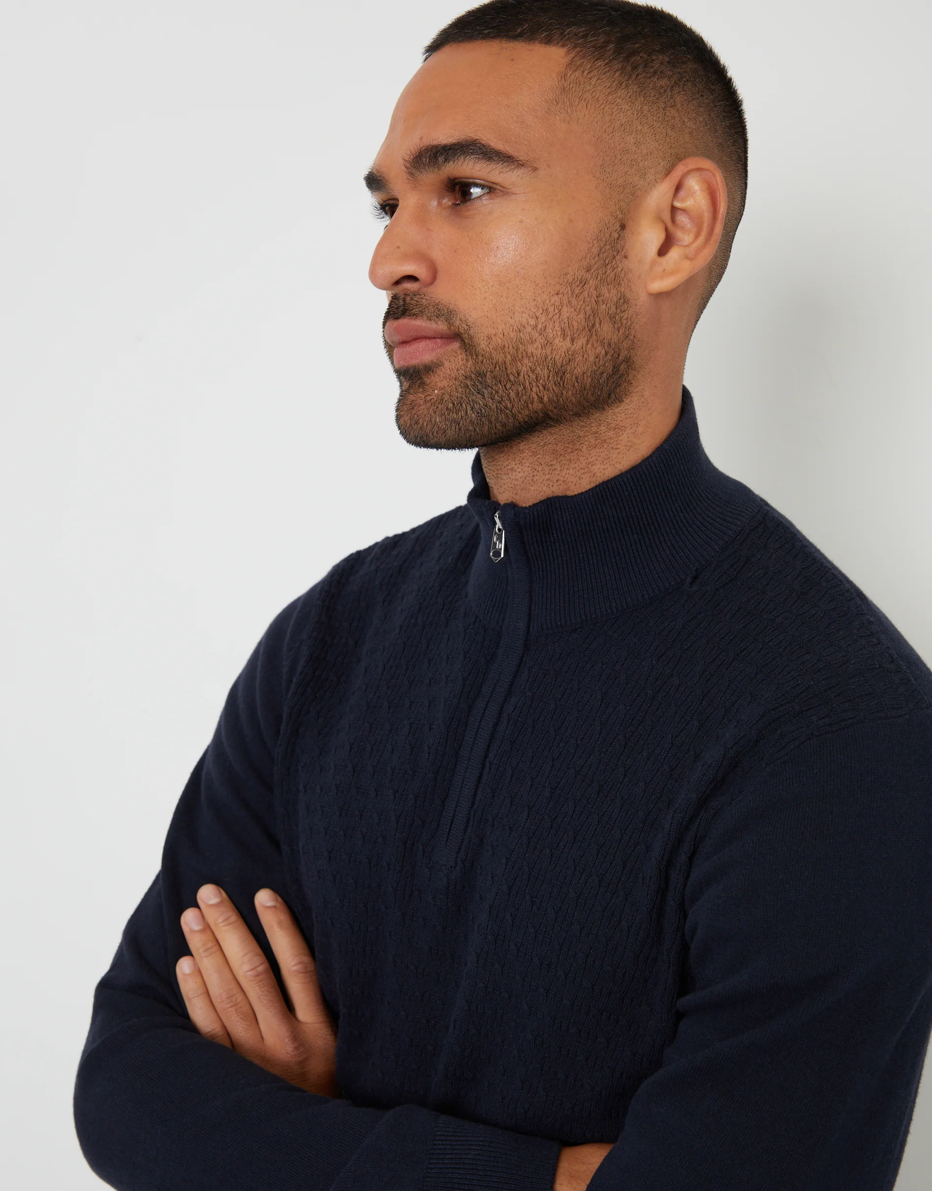 Mini Cable Knit Quarter Zip Jumper in Navy - Image 4