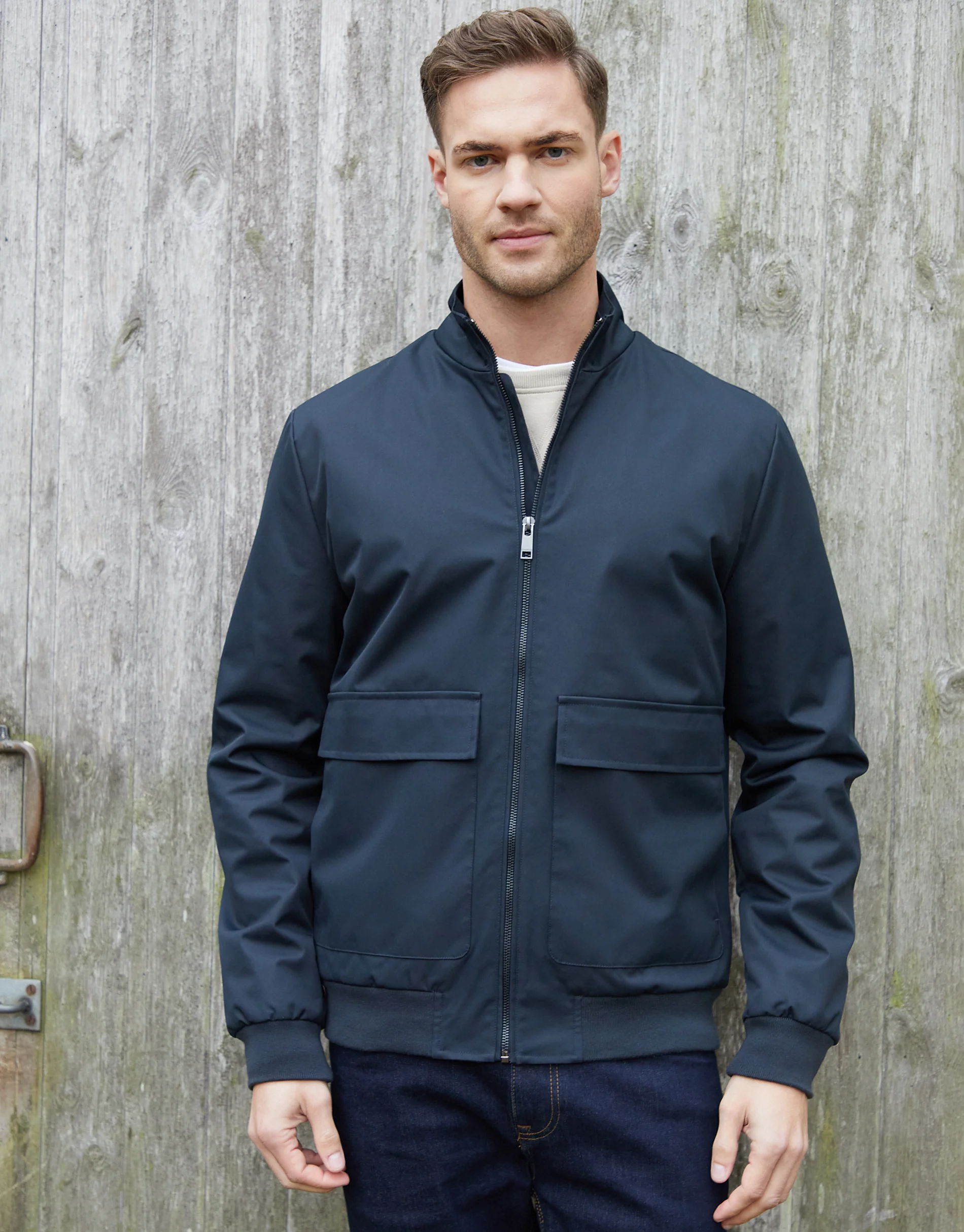 Patch Pocket Funnel Neck Harrington Style Jacket in Navy - Image 5