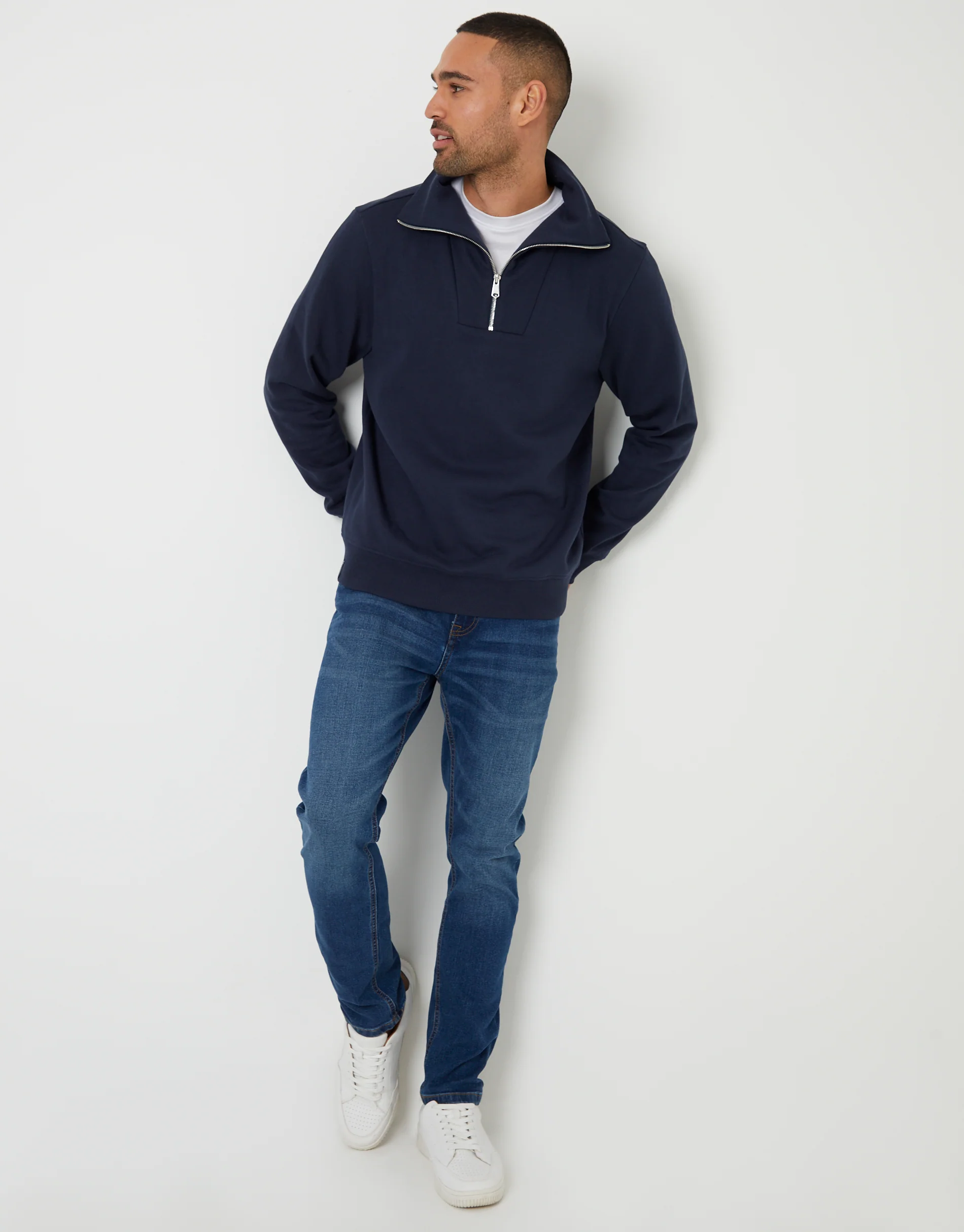 Quarter Zip Funnel Neck Sweatshirt in Navy - Image 3