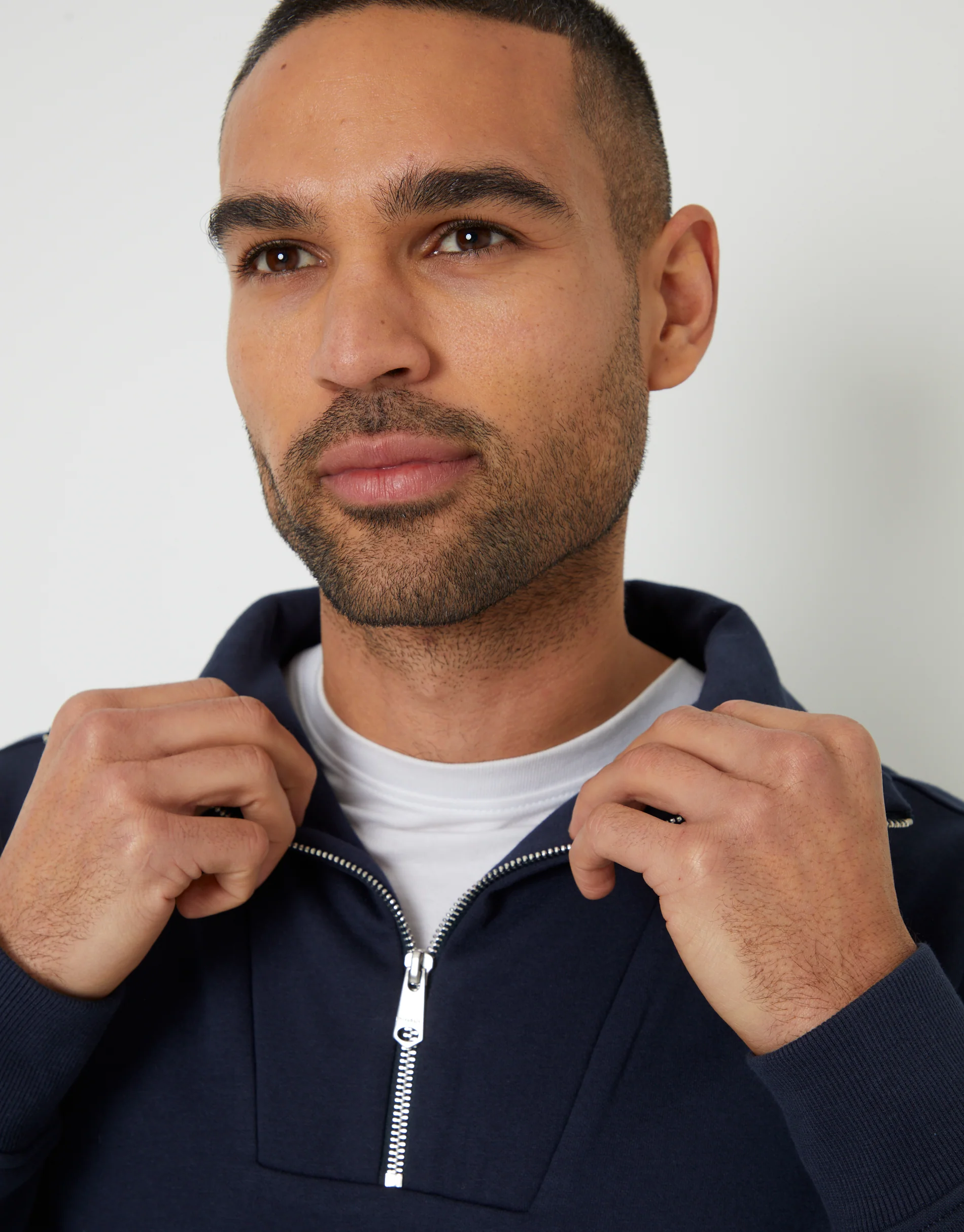 Quarter Zip Funnel Neck Sweatshirt in Navy - Image 4