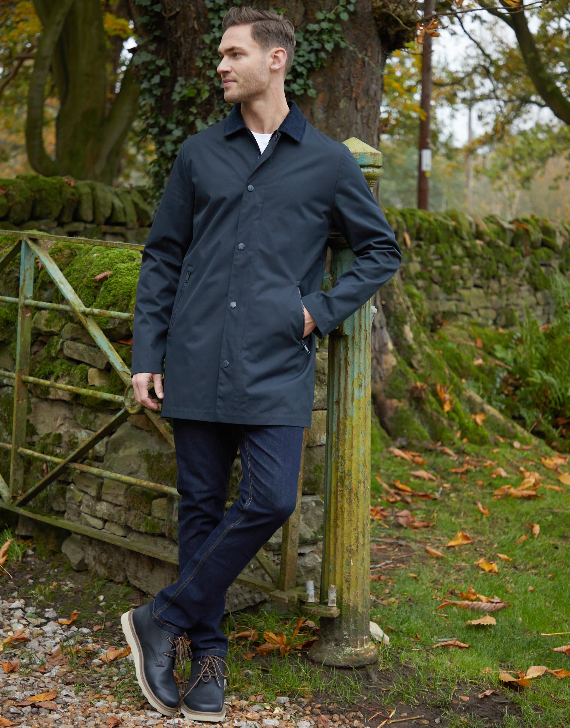 Showerproof Longline Corduroy Collar Mac in Navy - Image 3