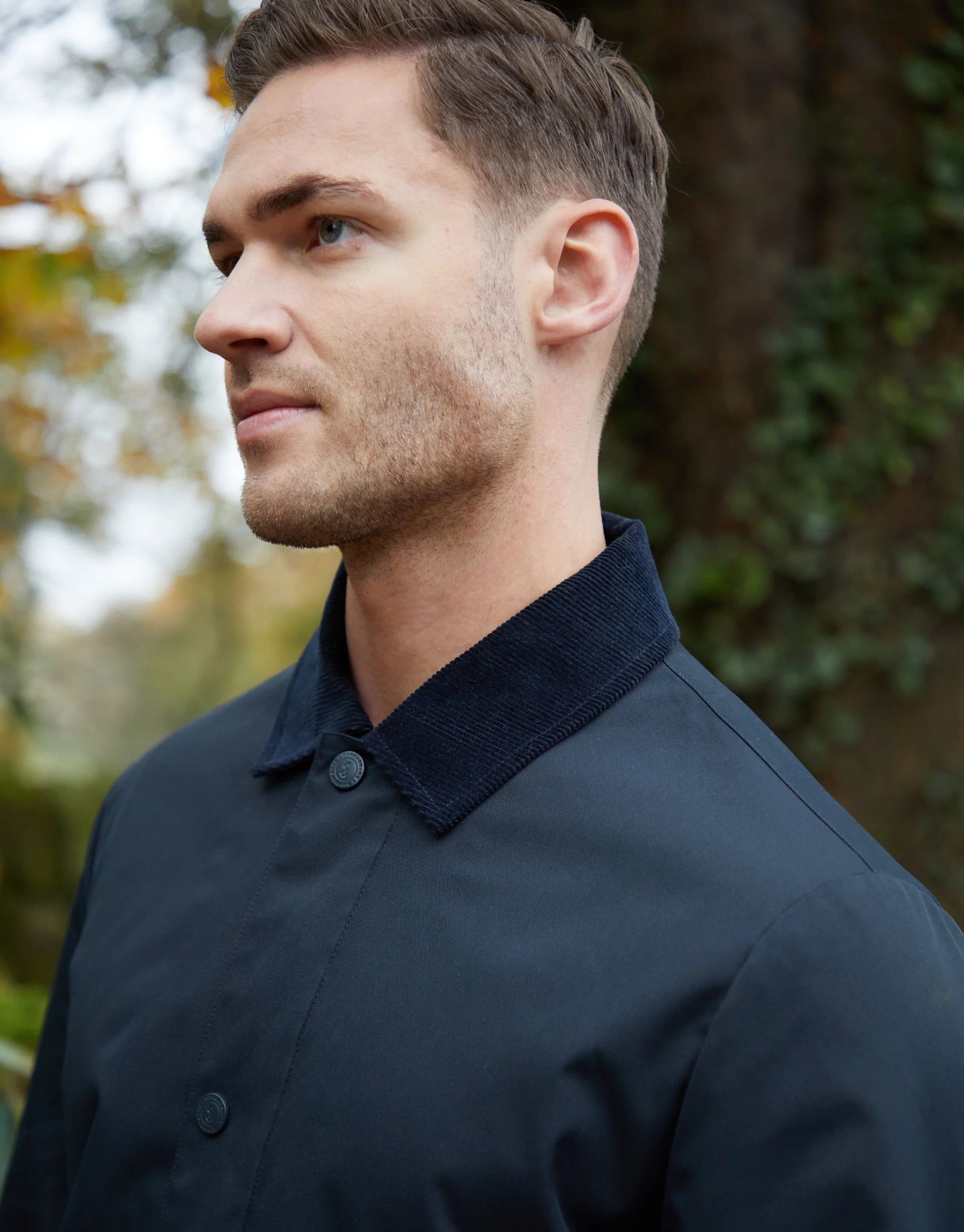 Showerproof Longline Corduroy Collar Mac in Navy - Image 4