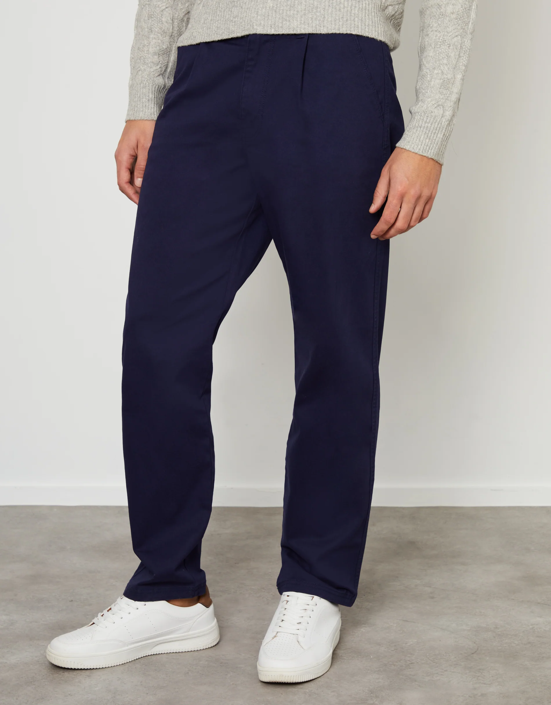 Straight Leg Pleated Chino Trousers in Navy - Image 2