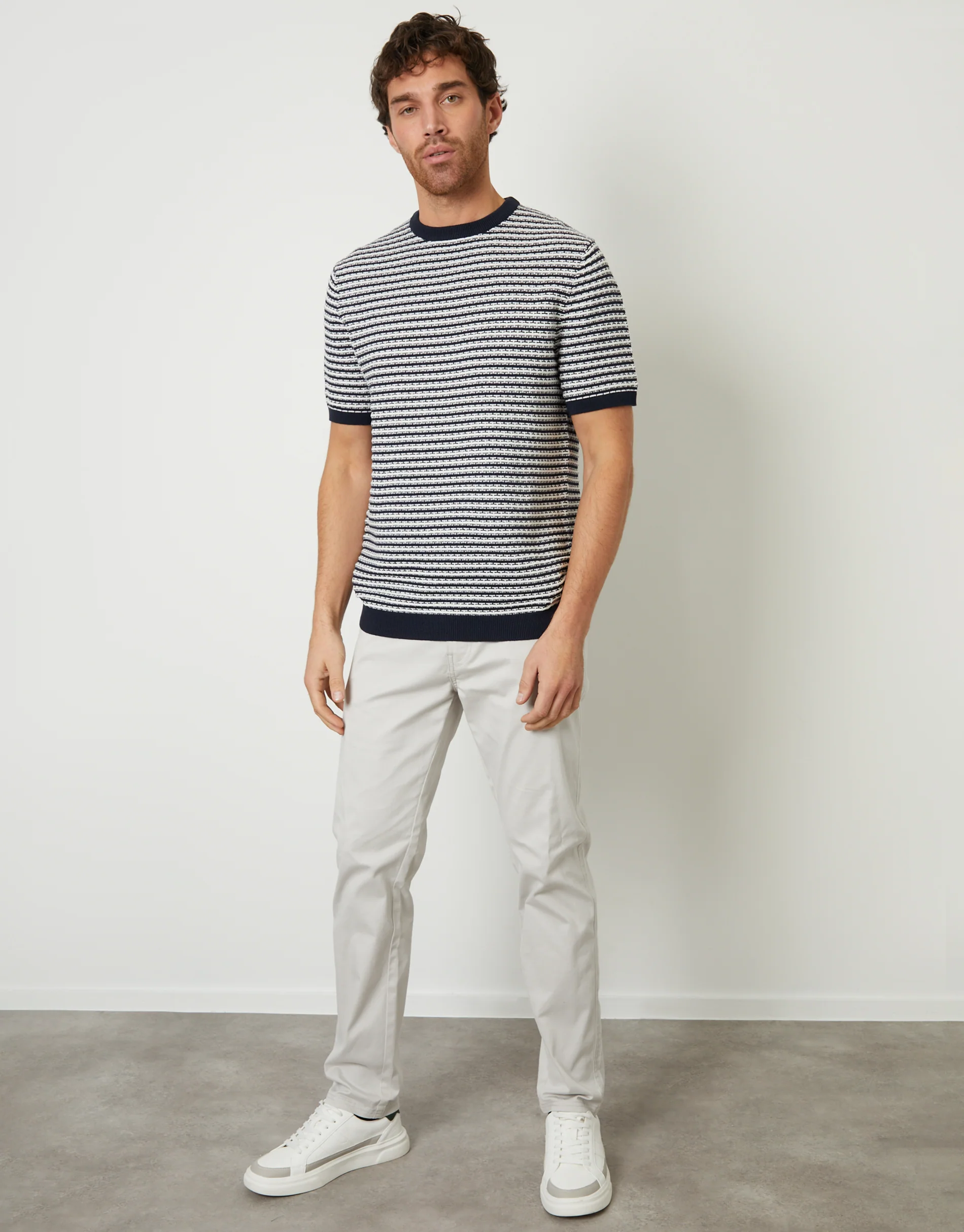 Textured Knitted T-Shirt in Navy Stripe - Image 3